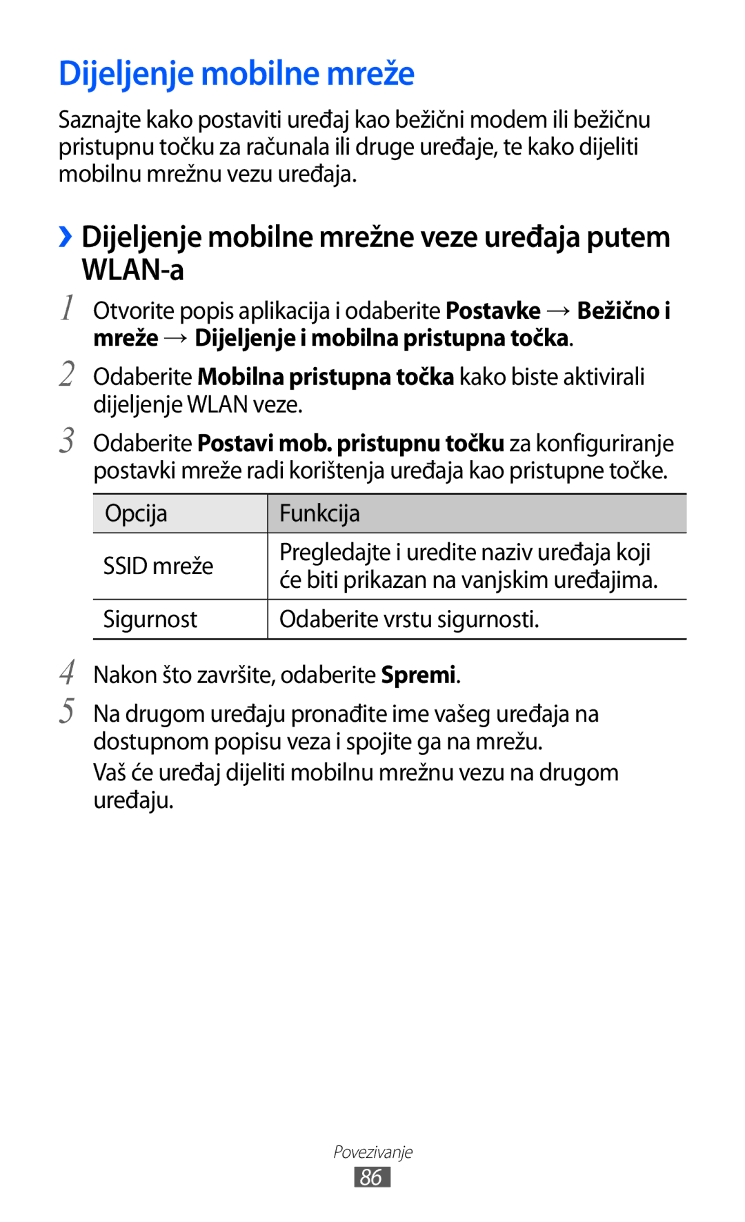 Samsung GT-P7300FKATWO, GT-P7300FKATRA, GT-P7300FKACRO manual Dijeljenje mobilne mreže, WLAN-a, Opcija Funkcija Ssid mreže 