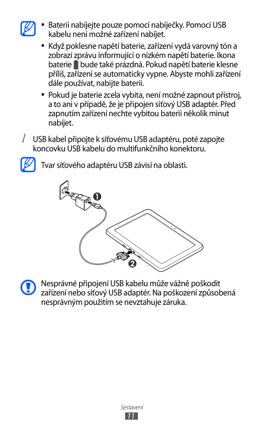 Samsung GT-P7300FKEXEZ, GT-P7300UWAATO, GT-P7300FKAATO, GT-P7300FKABGL manual Tvar síťového adaptéru USB závisí na oblasti 