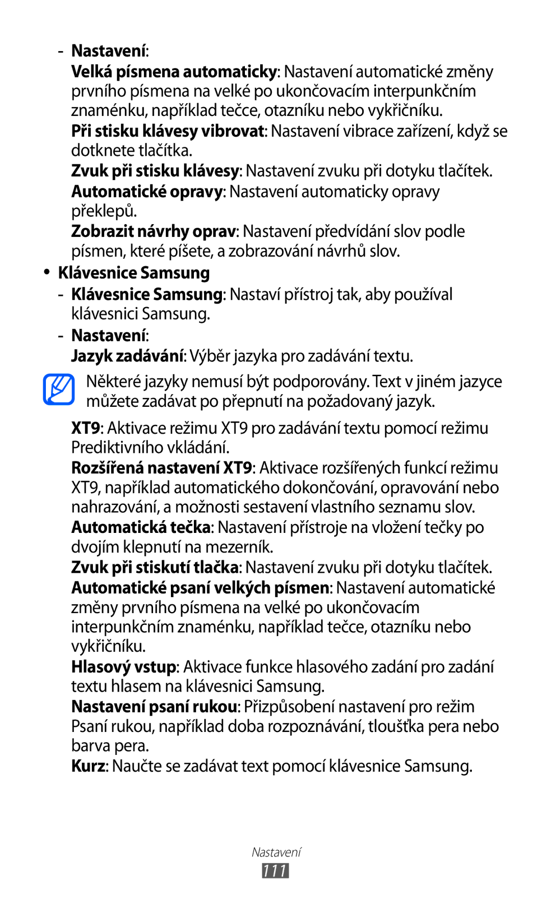 Samsung GT-P7300FKAORS, GT-P7300UWAATO manual Nastavení, Klávesnice Samsung, Jazyk zadávání Výběr jazyka pro zadávání textu 