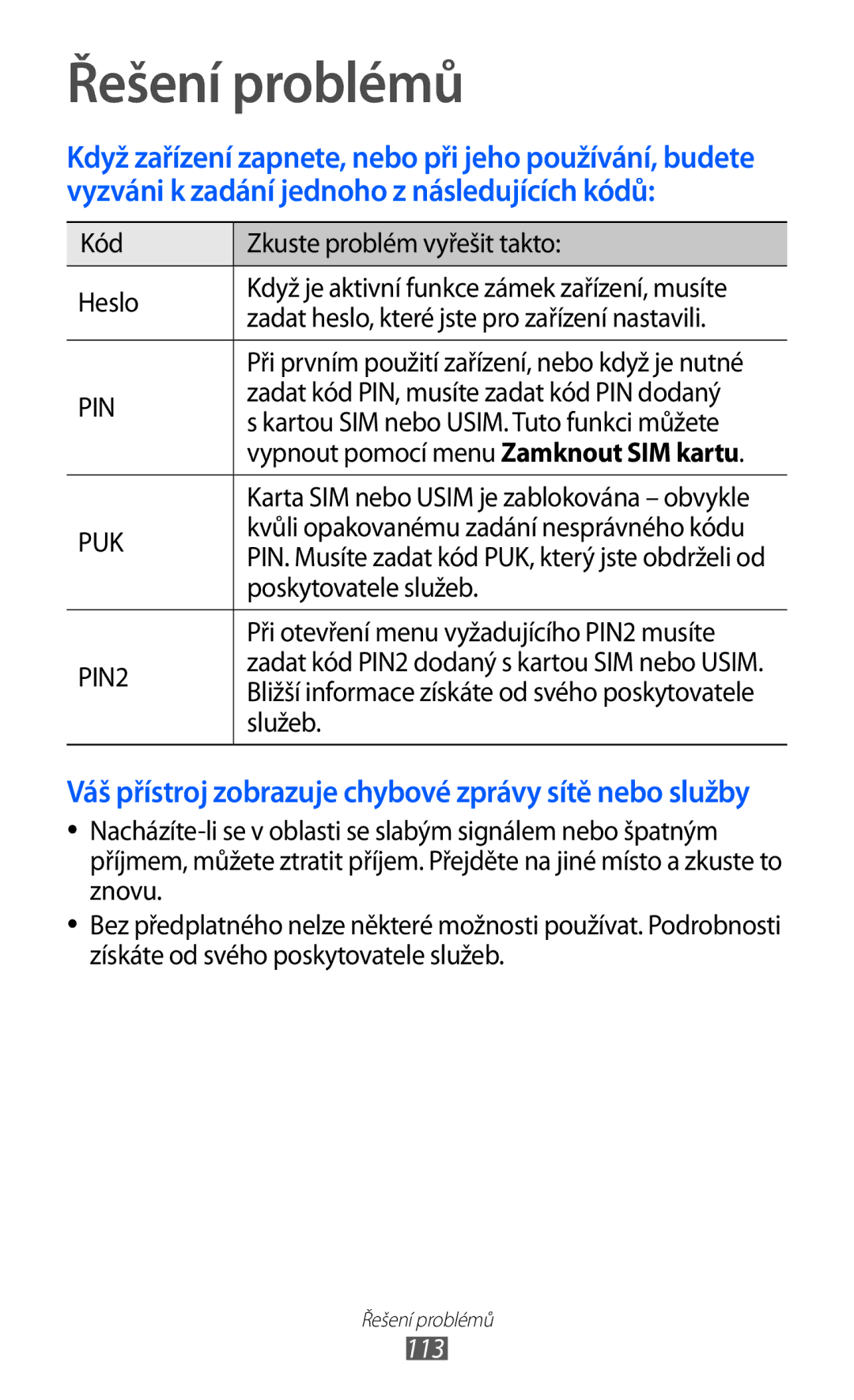 Samsung GT-P7300FKAATO, GT-P7300UWAATO, GT-P7300FKABGL, GT-P7300UWAXEZ, GT-P7300FKDXEZ, GT-P7300UWDXEZ manual Řešení problémů 