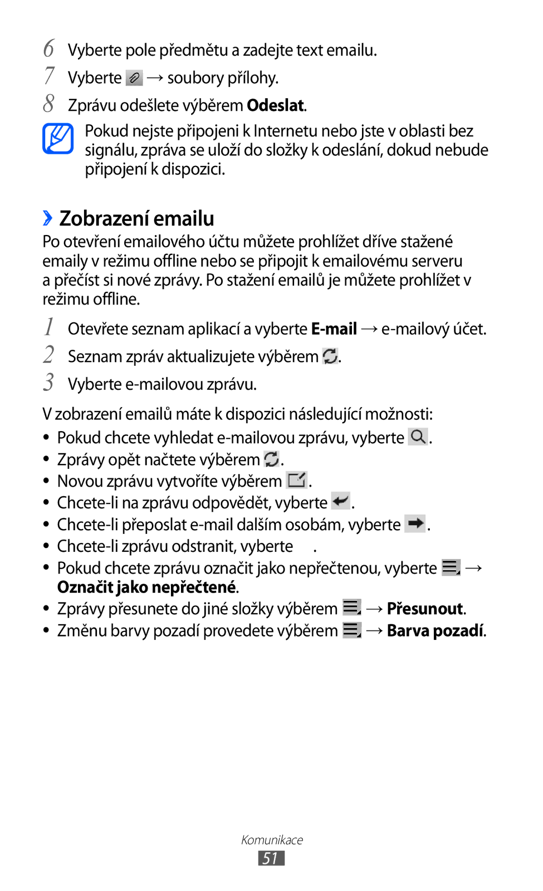 Samsung GT-P7300FKEORS, GT-P7300UWAATO, GT-P7300FKAATO manual ››Zobrazení emailu, Označit jako nepřečtené → Přesunout 