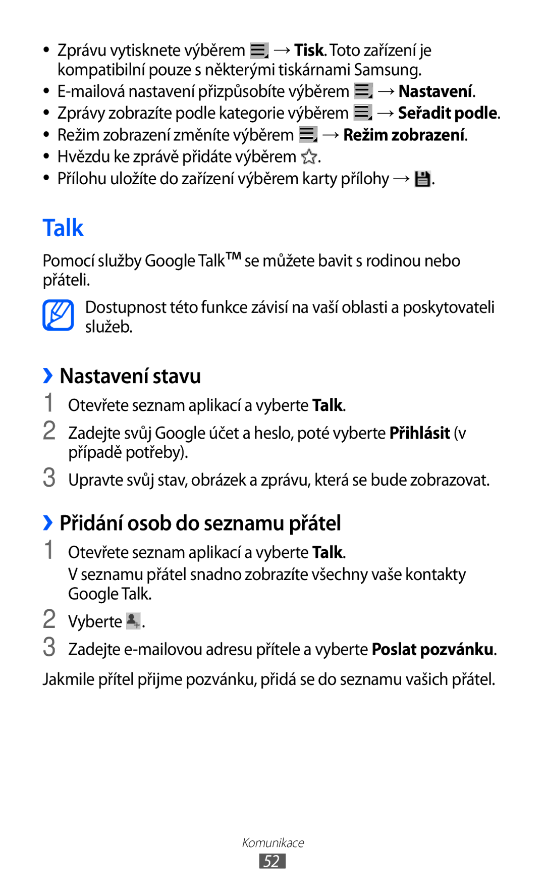 Samsung GT-P7300UWAO2C manual Talk, ››Nastavení stavu, ››Přidání osob do seznamu přátel, → Nastavení, → Režim zobrazení 