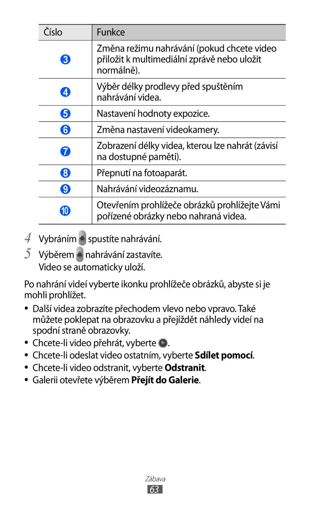 Samsung GT-P7300FKAXEZ, GT-P7300UWAATO manual Vybráním spustíte nahrávání, Galerii otevřete výběrem Přejít do Galerie 