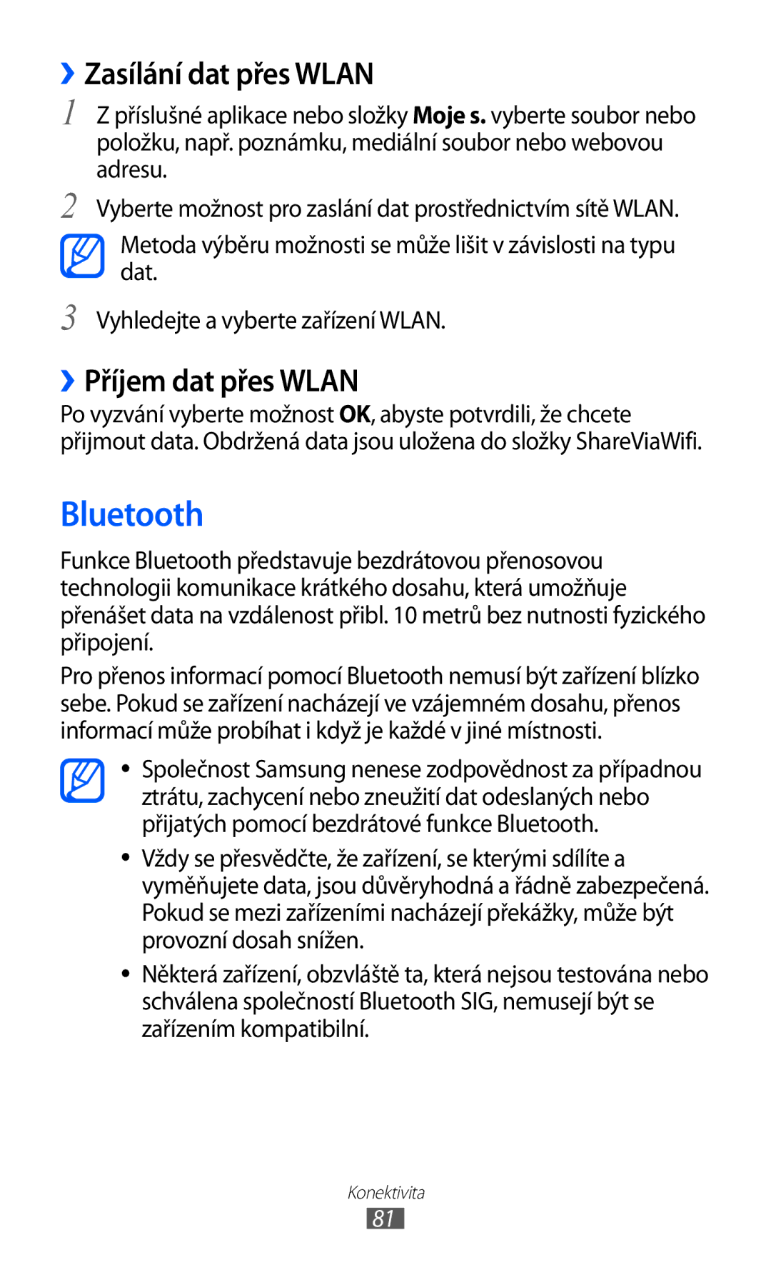 Samsung GT-P7300FKEXEZ, GT-P7300UWAATO, GT-P7300FKAATO manual Bluetooth, ››Zasílání dat přes Wlan, ››Příjem dat přes Wlan 