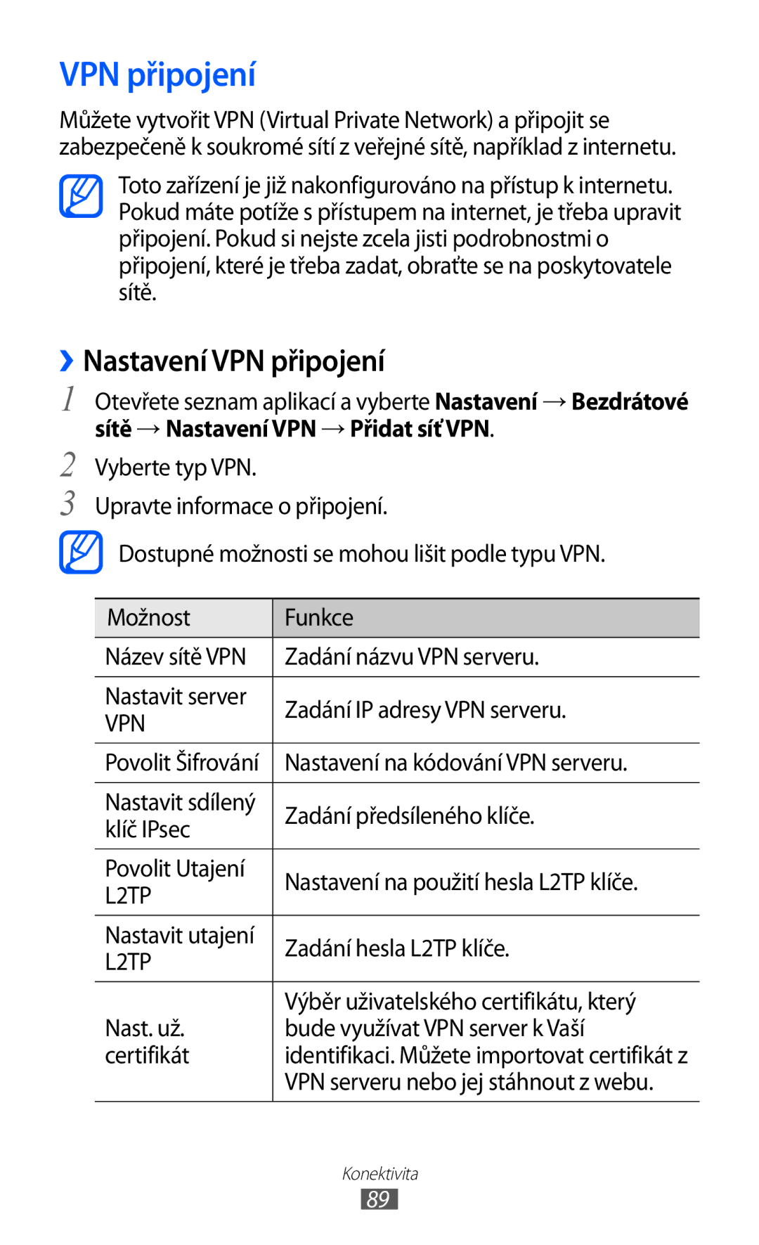 Samsung GT-P7300UWDXEZ, GT-P7300UWAATO, GT-P7300FKAATO, GT-P7300FKABGL, GT-P7300UWAXEZ manual ››Nastavení VPN připojení 