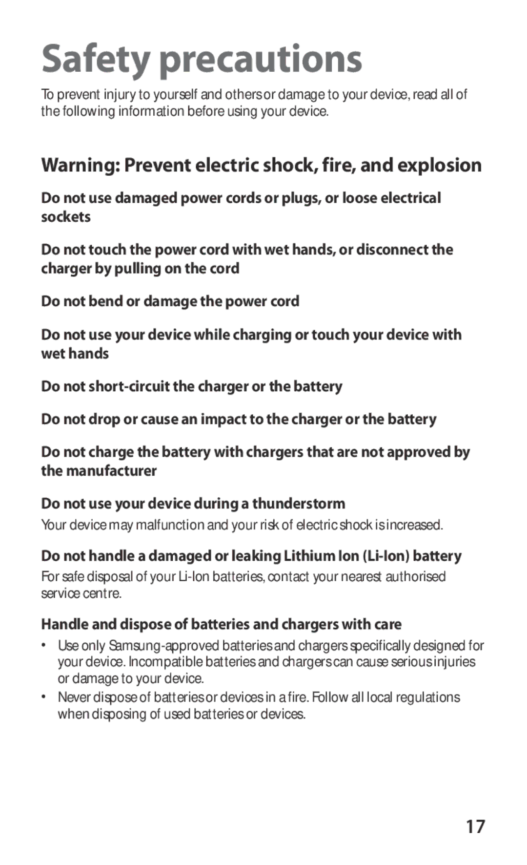 Samsung GT-P7300UWAATO, GT-P7300FKAATO manual Safety precautions, Handle and dispose of batteries and chargers with care 