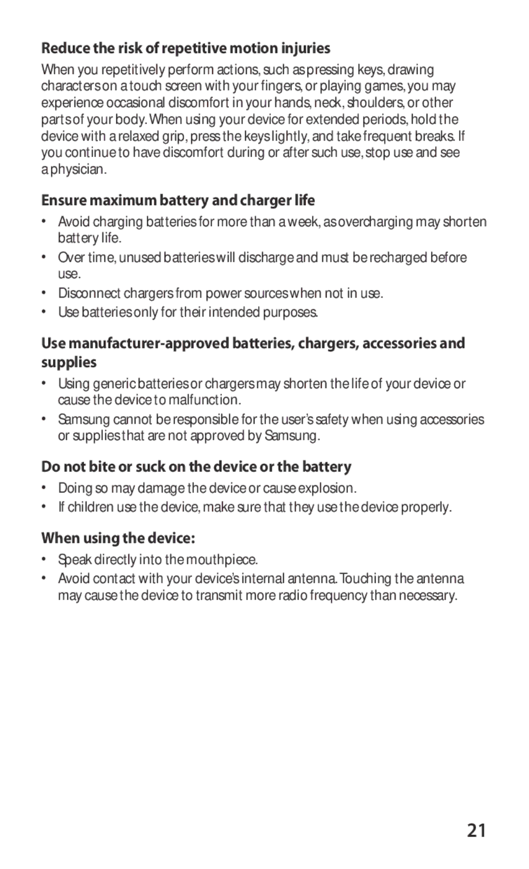 Samsung GT-P7300UWABGL manual Reduce the risk of repetitive motion injuries, Ensure maximum battery and charger life 