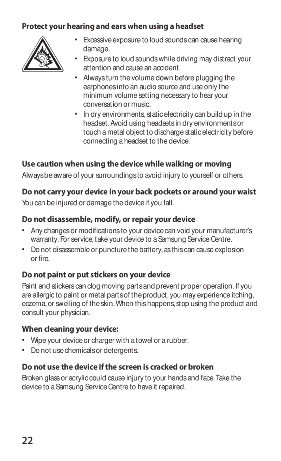 Samsung GT-P7300UWAROM Protect your hearing and ears when using a headset, Do not paint or put stickers on your device 