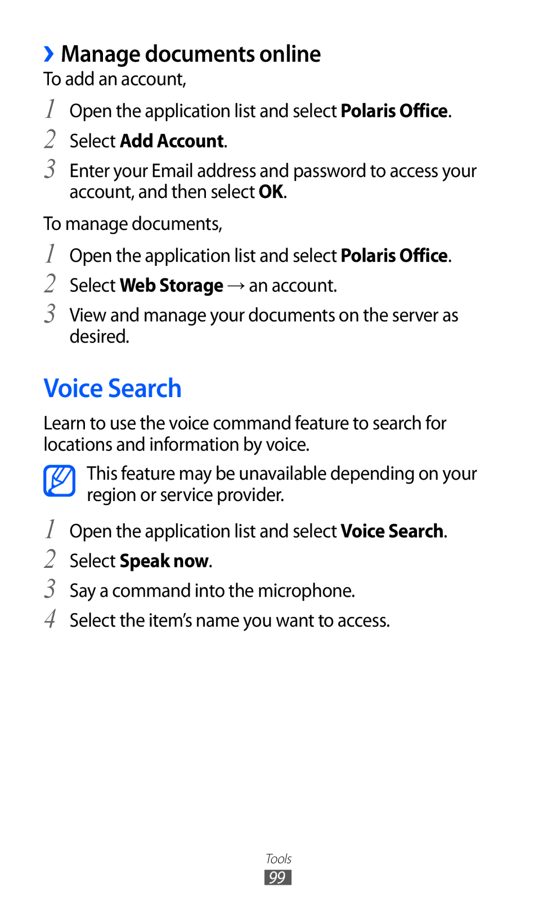 Samsung GT-P7300UWAEUR, GT-P7300UWADBT manual Voice Search, ››Manage documents online, Select Add Account, Select Speak now 