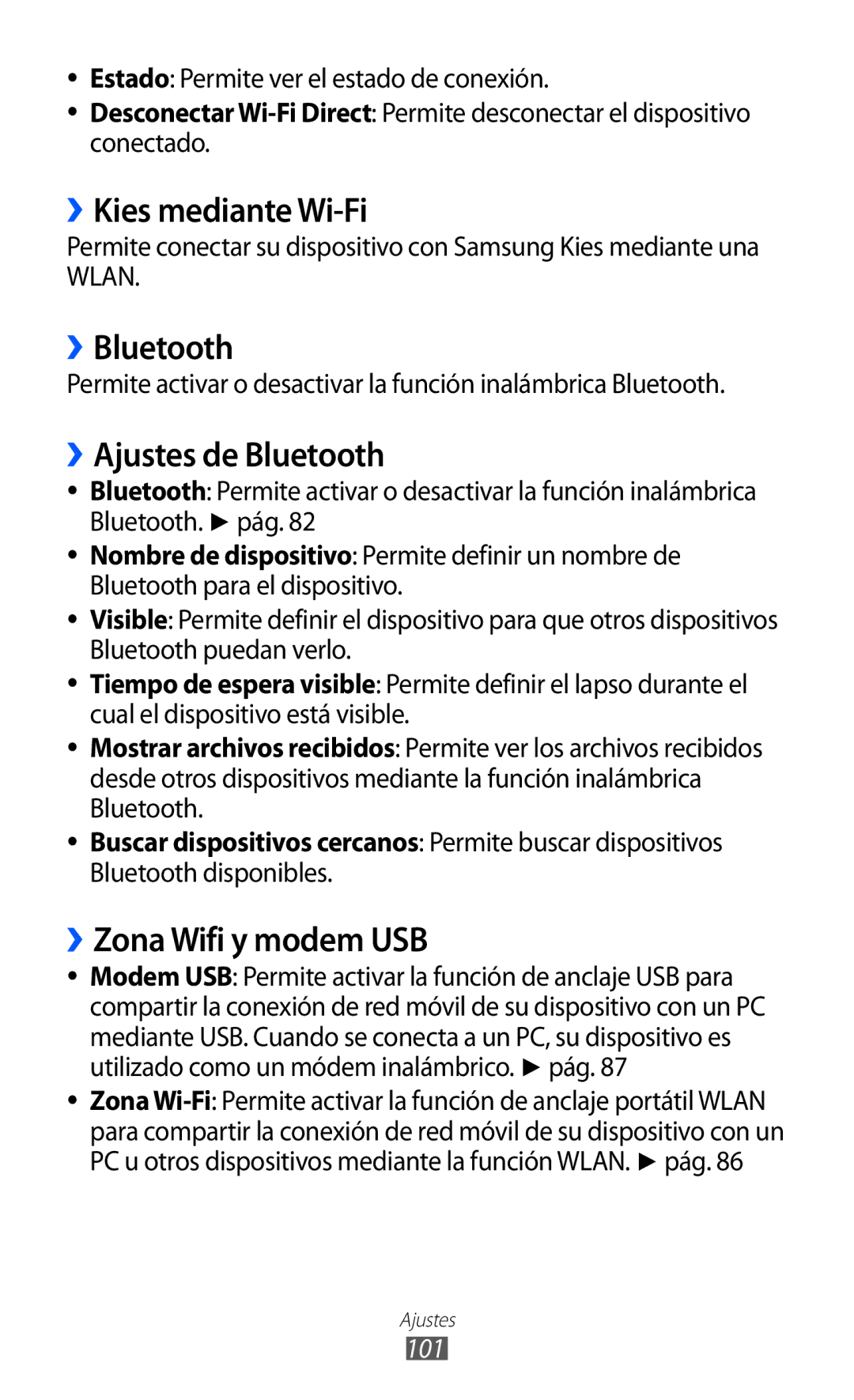 Samsung GT-P7300FKAFOP manual ››Kies mediante Wi-Fi, ››Bluetooth, ››Ajustes de Bluetooth, ››Zona Wifi y modem USB, 101 