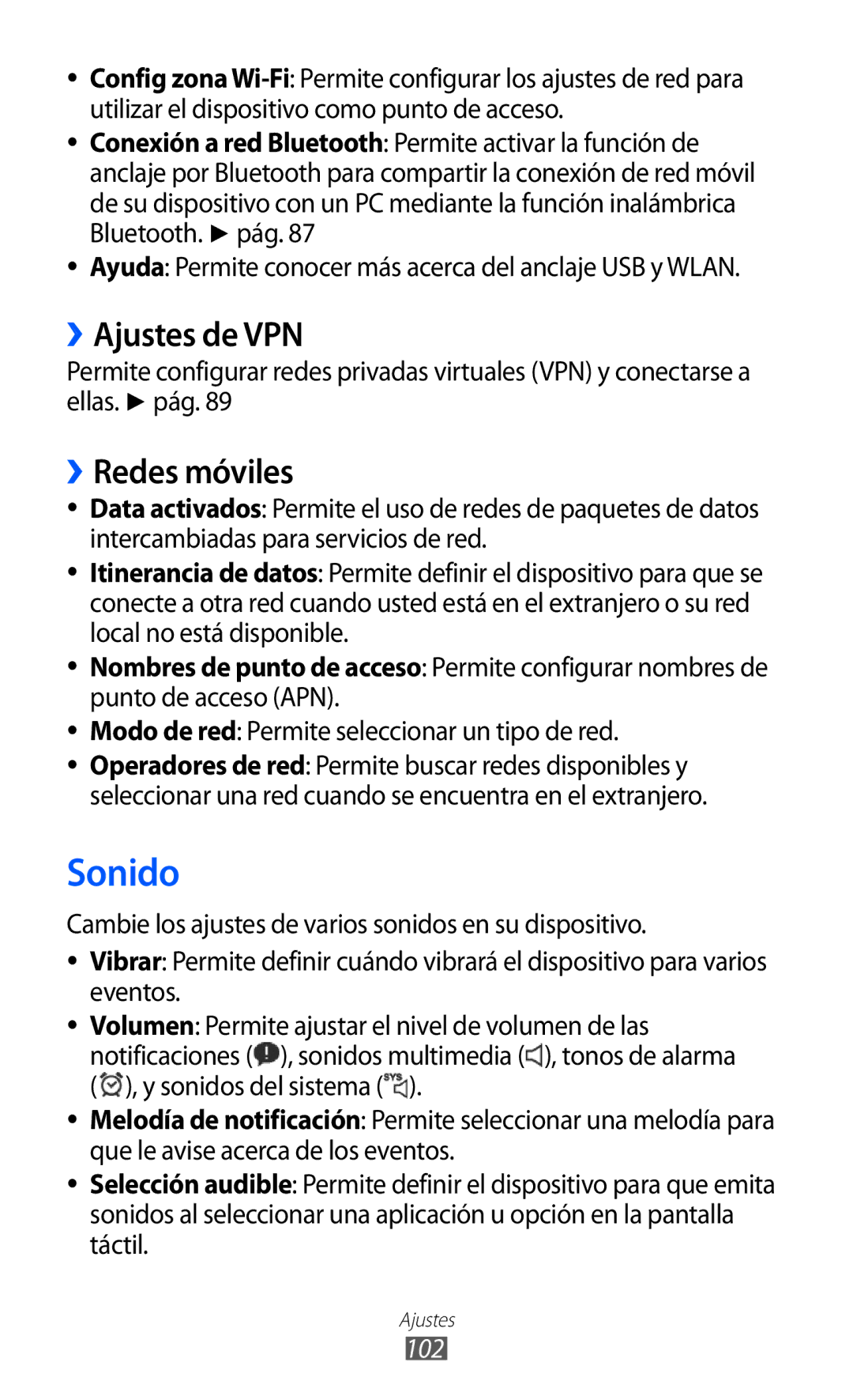 Samsung GT-P7300FKAATL, GT-P7300UWAFOP, GT-P7300FKAFOP, GT-P7300OWAATL manual Sonido, ››Ajustes de VPN, ››Redes móviles, 102 