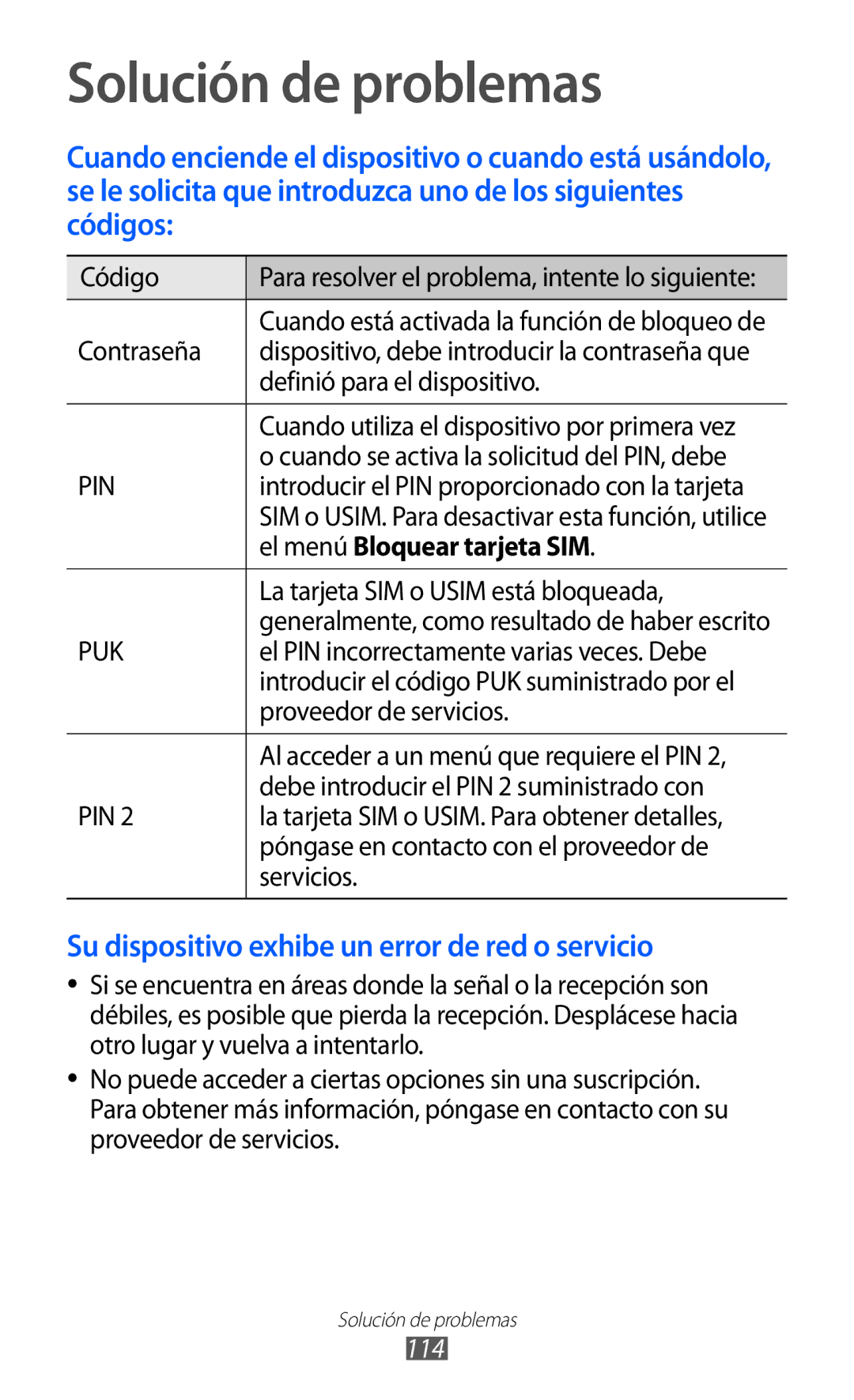 Samsung GT-P7300FKAATL, GT-P7300UWAFOP, GT-P7300FKAFOP manual Solución de problemas, El menú Bloquear tarjeta SIM, 114 