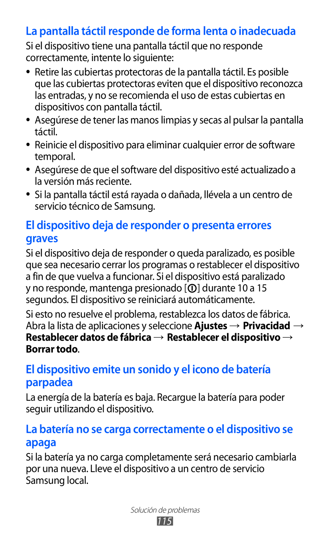 Samsung GT-P7300OWAATL, GT-P7300UWAFOP, GT-P7300FKAFOP manual La pantalla táctil responde de forma lenta o inadecuada, 115 