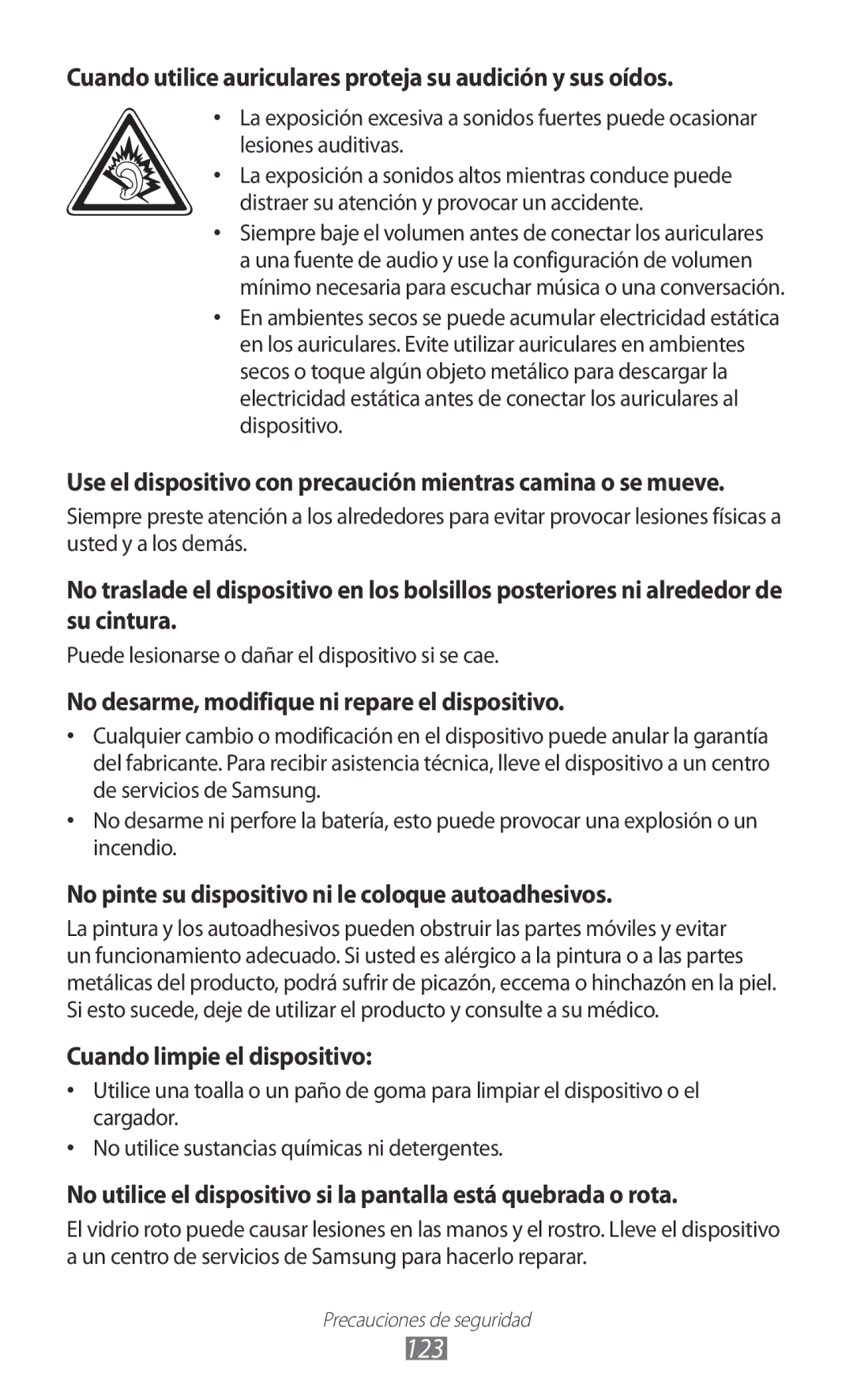 Samsung GT-P7300OWAATL, GT-P7300UWAFOP, GT-P7300FKAFOP manual 123, Cuando utilice auriculares proteja su audición y sus oídos 