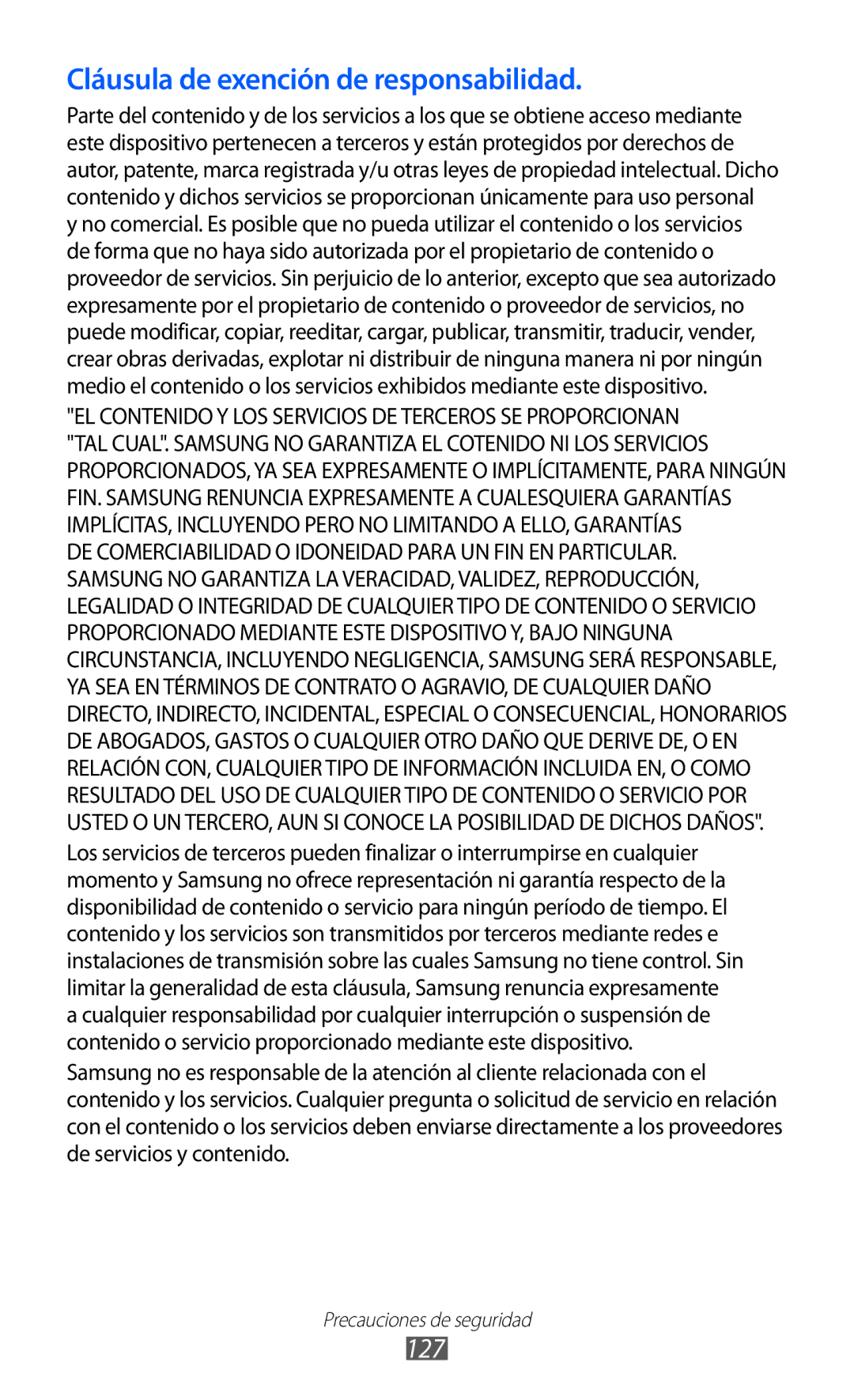 Samsung GT-P7300OWAATL, GT-P7300UWAFOP, GT-P7300FKAFOP, GT-P7300FKAATL manual Cláusula de exención de responsabilidad, 127 