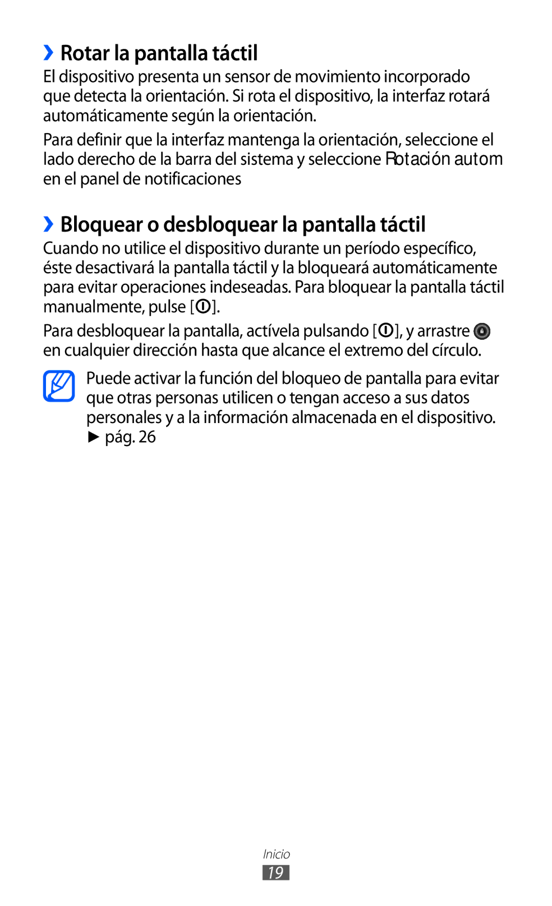 Samsung GT-P7300OWAATL, GT-P7300UWAFOP manual ››Rotar la pantalla táctil, ››Bloquear o desbloquear la pantalla táctil, Pág 