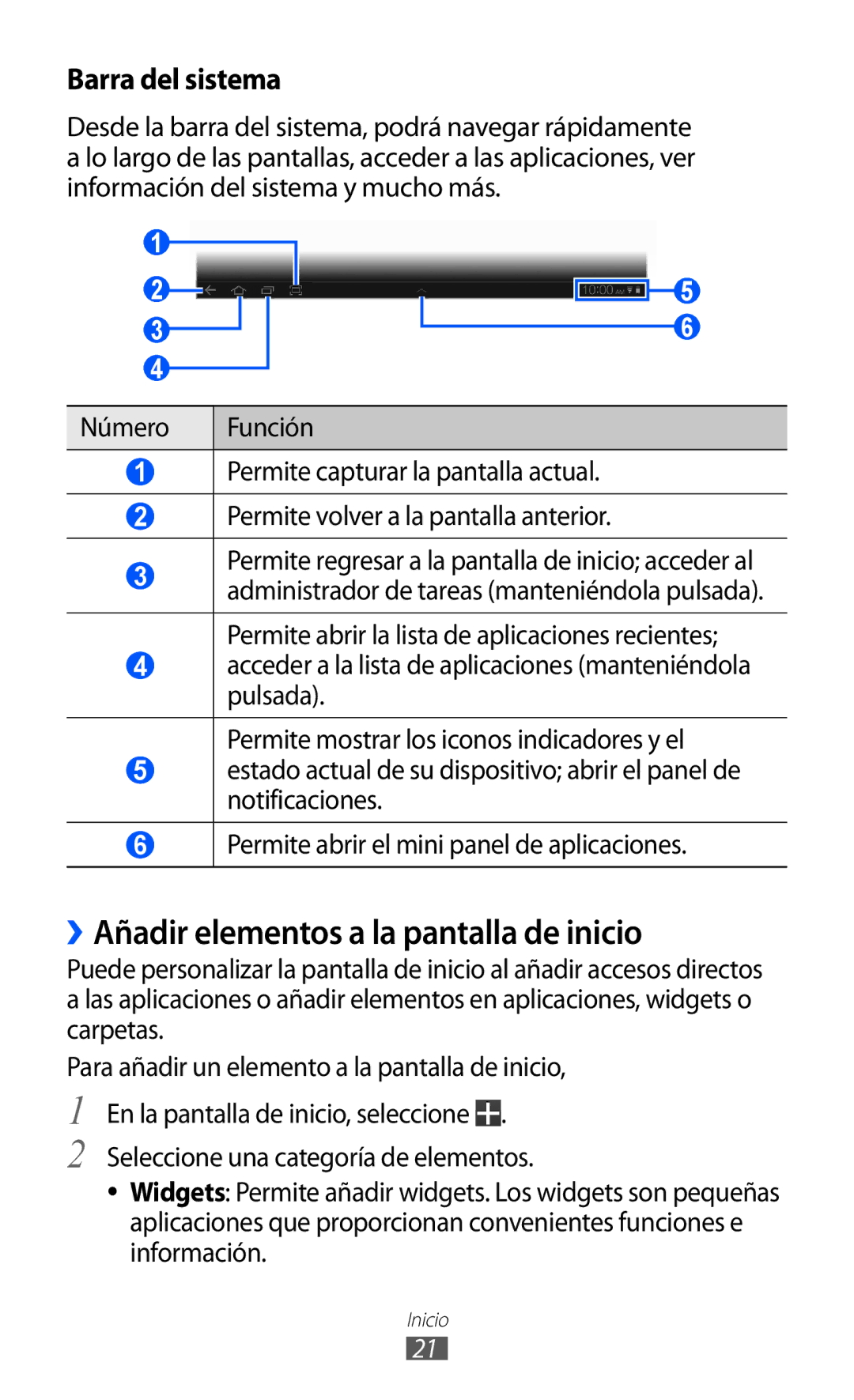 Samsung GT-P7300FKAFOP, GT-P7300UWAFOP, GT-P7300FKAATL manual ››Añadir elementos a la pantalla de inicio, Barra del sistema 