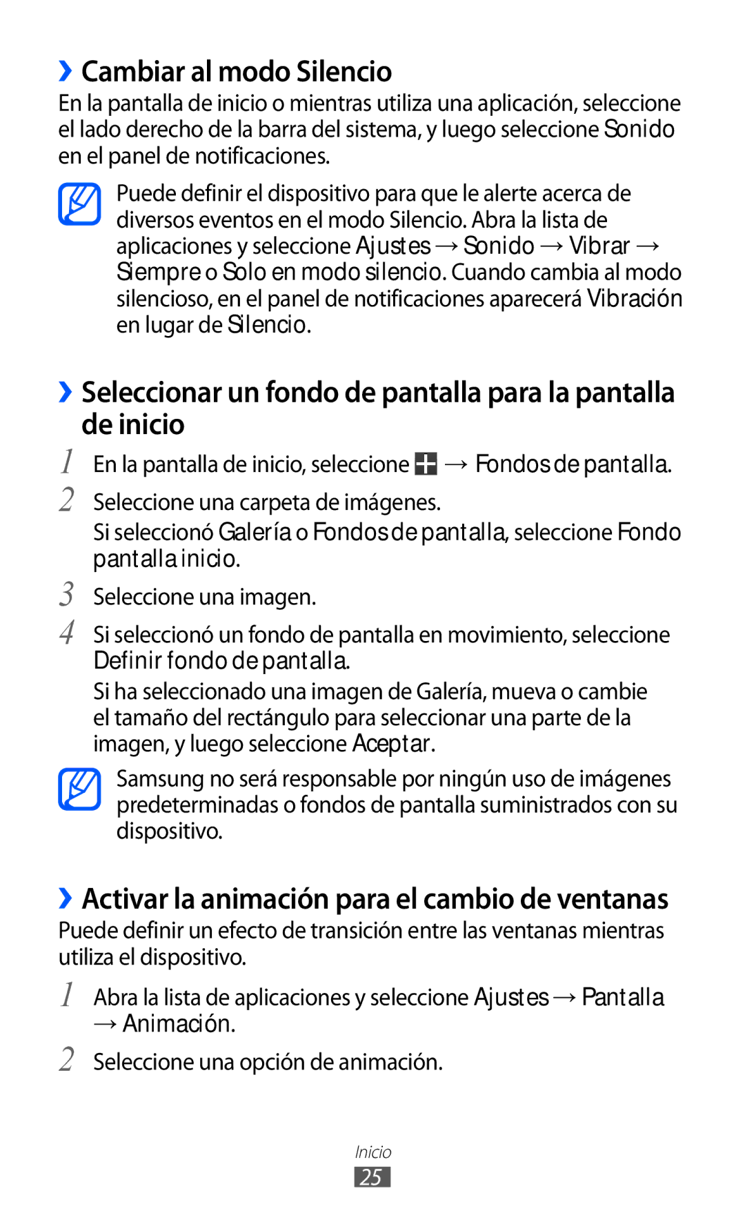 Samsung GT-P7300FKAFOP, GT-P7300UWAFOP manual ››Cambiar al modo Silencio, → Animación, Seleccione una opción de animación 