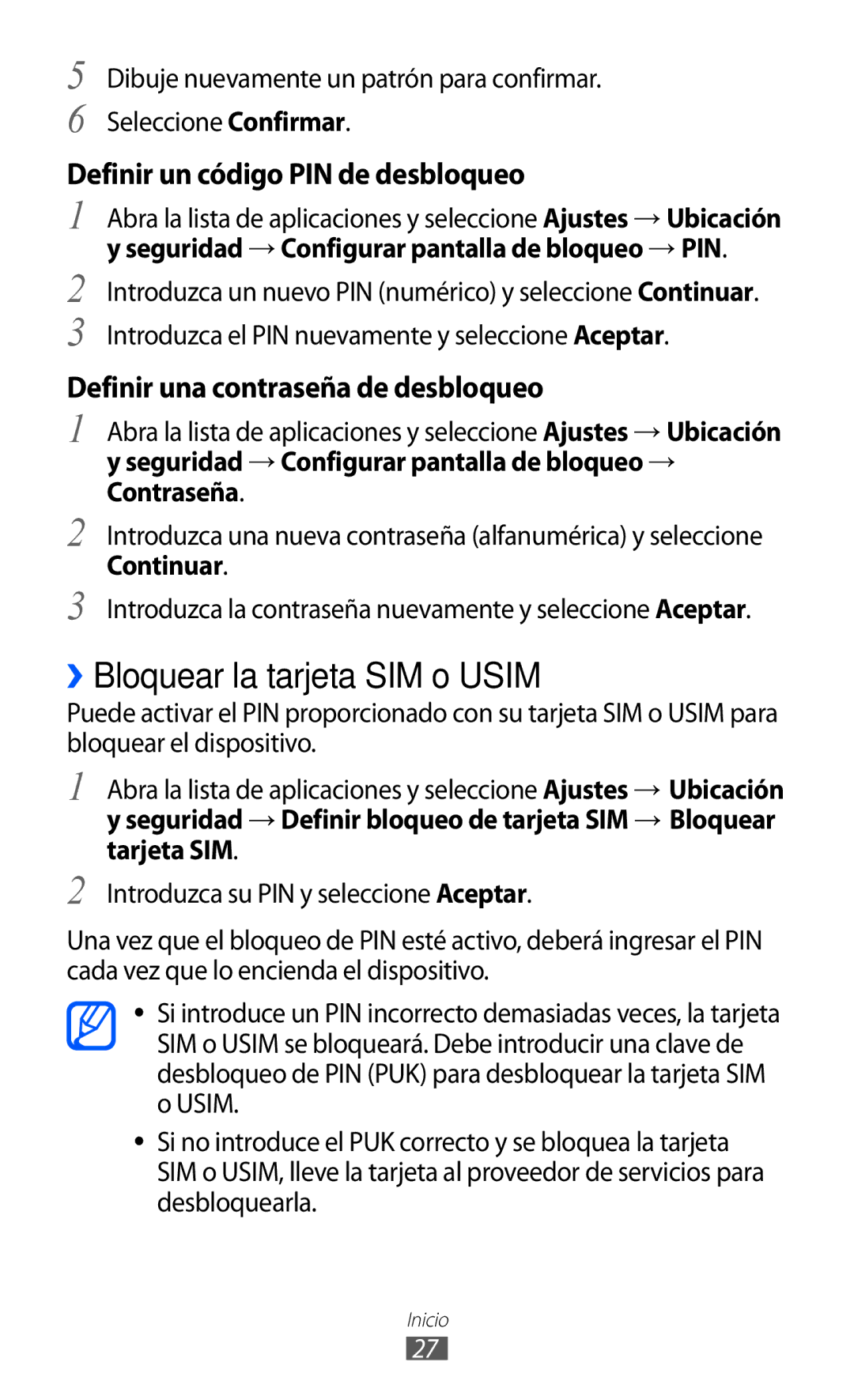 Samsung GT-P7300OWAATL, GT-P7300UWAFOP manual ››Bloquear la tarjeta SIM o Usim, Definir un código PIN de desbloqueo 