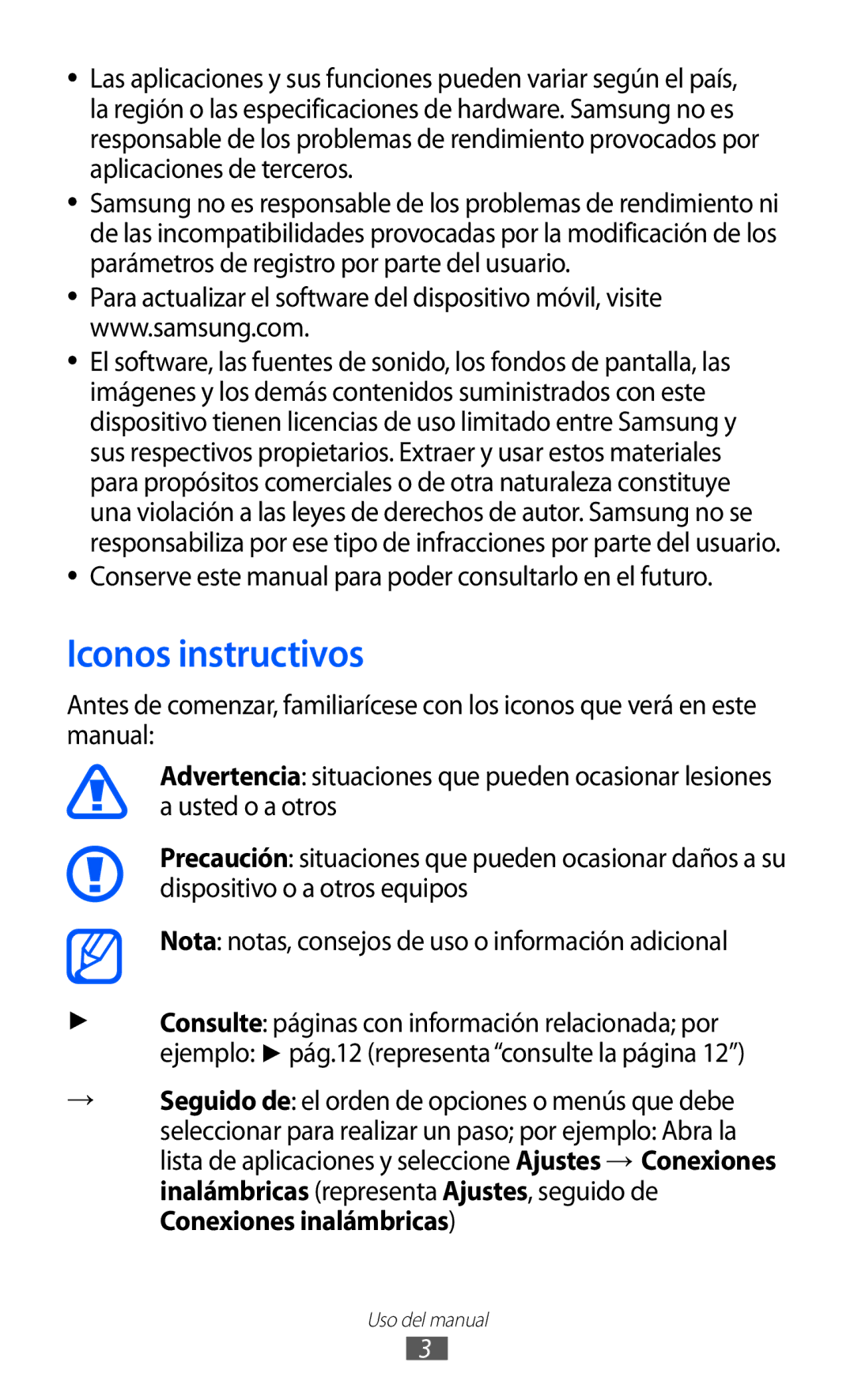 Samsung GT-P7300OWAATL, GT-P7300UWAFOP Iconos instructivos, Conserve este manual para poder consultarlo en el futuro 