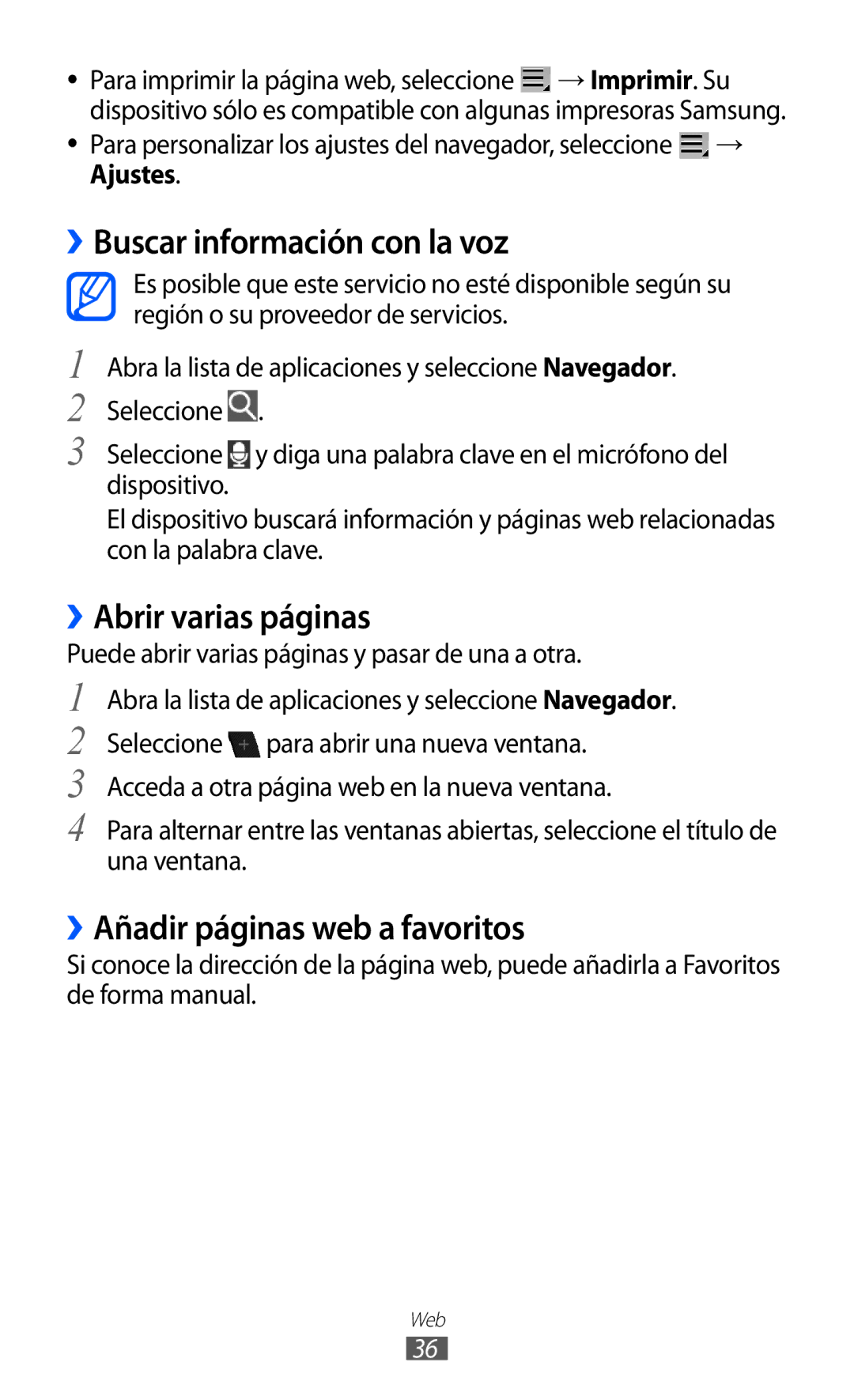 Samsung GT-P7300UWAFOP ››Buscar información con la voz, ››Abrir varias páginas, ››Añadir páginas web a favoritos, Ajustes 