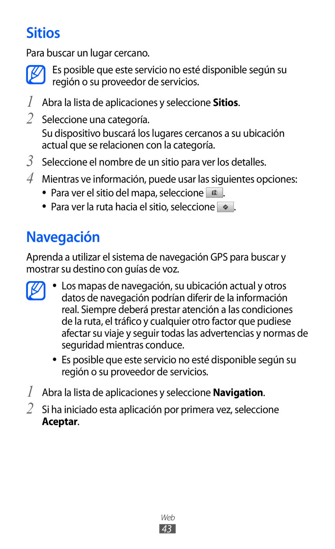 Samsung GT-P7300OWAATL, GT-P7300UWAFOP Sitios, Navegación, Seleccione el nombre de un sitio para ver los detalles, Aceptar 