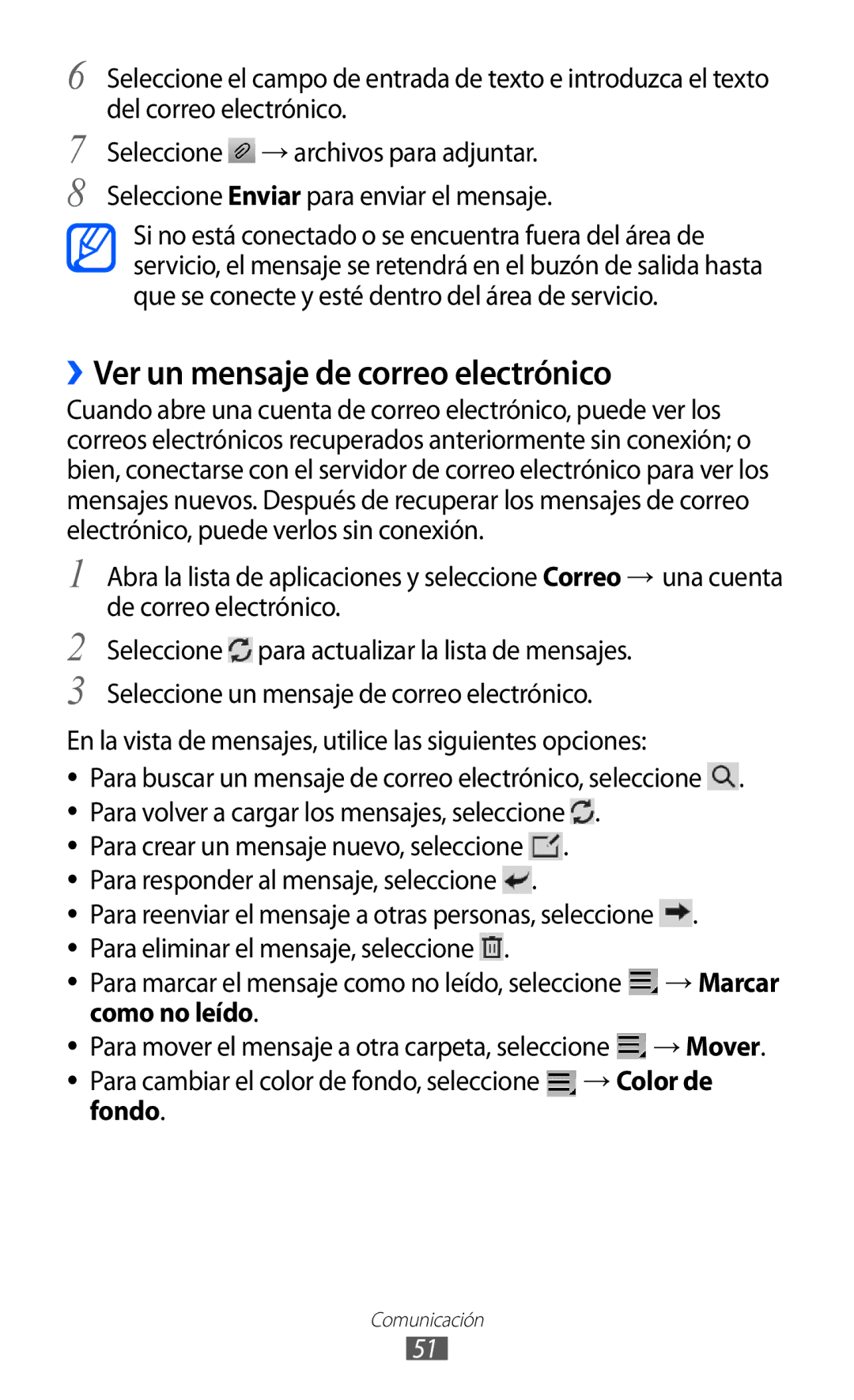 Samsung GT-P7300OWAATL manual En la vista de mensajes, utilice las siguientes opciones, Como no leído → Mover, Fondo 