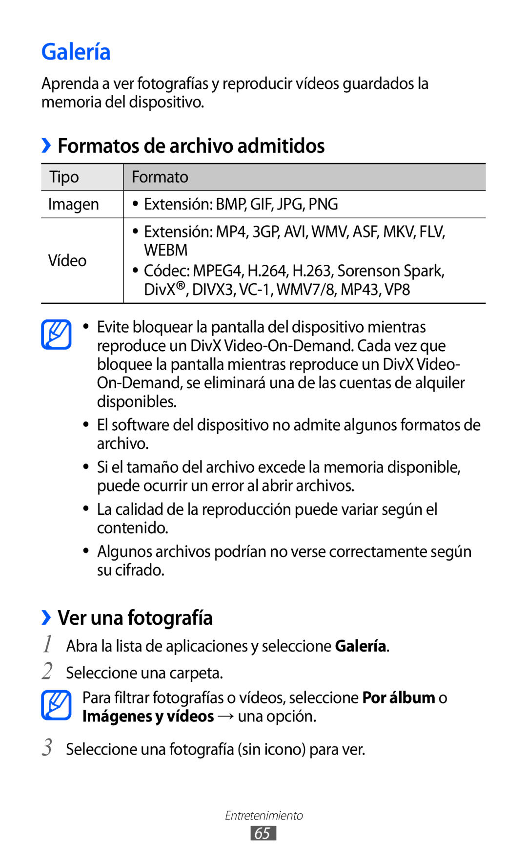 Samsung GT-P7300FKAFOP, GT-P7300UWAFOP, GT-P7300FKAATL manual Galería, Formatos de archivo admitidos, ››Ver una fotografía 