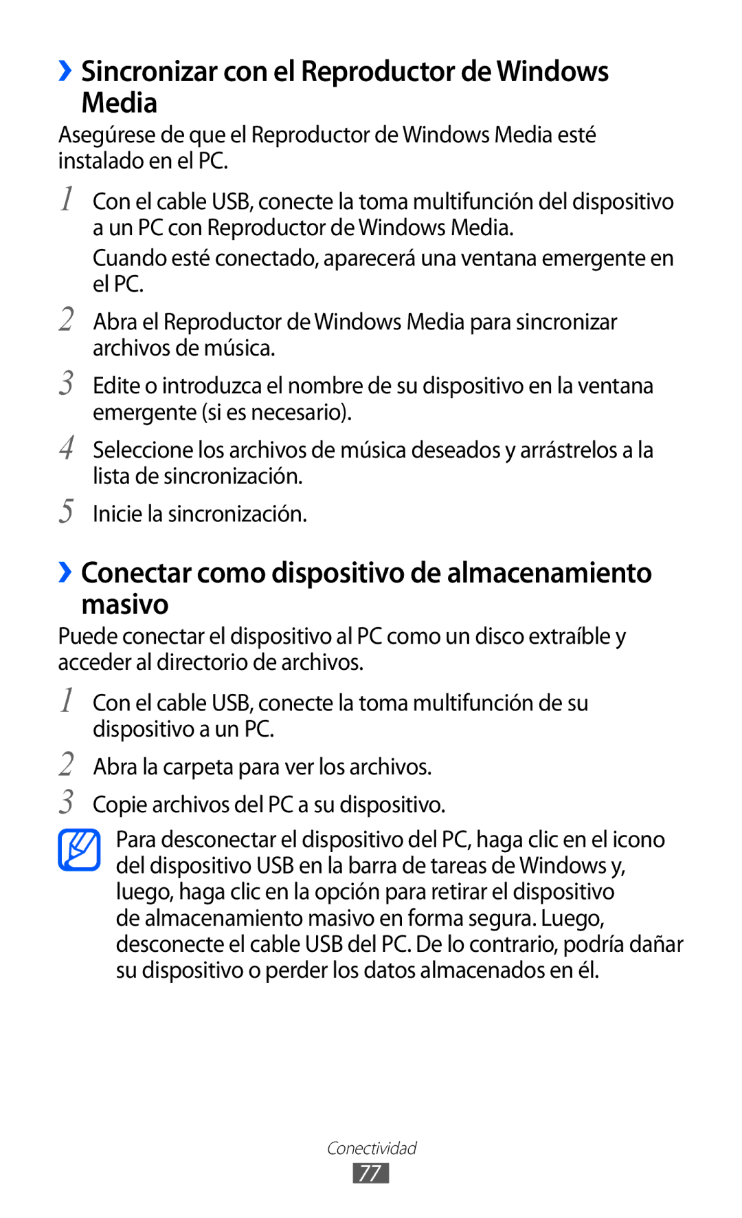 Samsung GT-P7300FKAFOP, GT-P7300UWAFOP, GT-P7300FKAATL, GT-P7300OWAATL ››Sincronizar con el Reproductor de Windows Media 