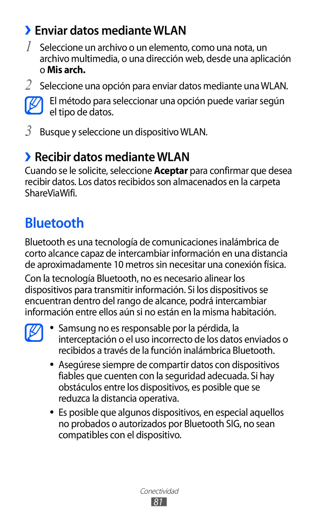 Samsung GT-P7300FKAFOP, GT-P7300UWAFOP manual Bluetooth, ››Enviar datos mediante Wlan, ››Recibir datos mediante Wlan 