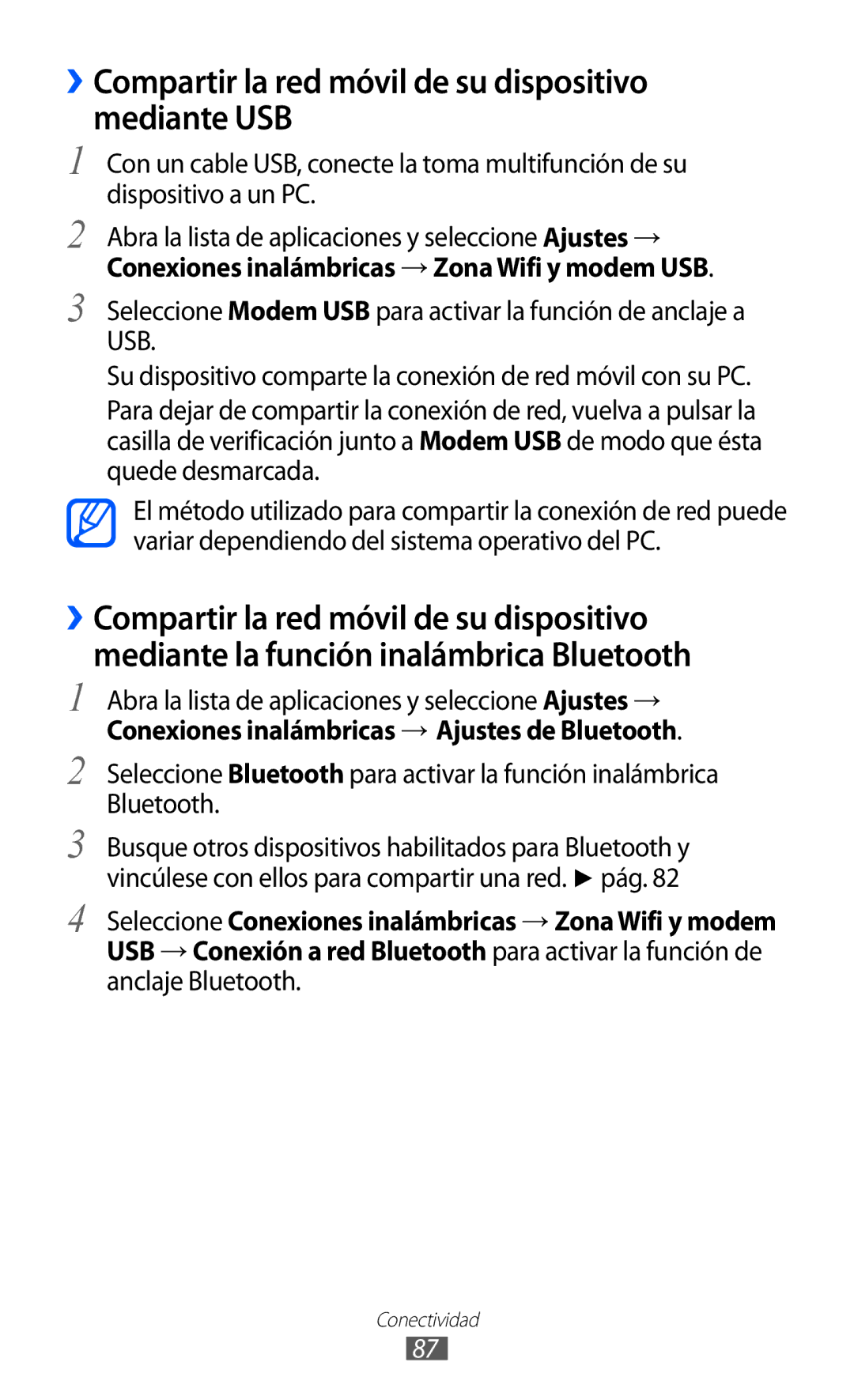 Samsung GT-P7300OWAATL, GT-P7300UWAFOP, GT-P7300FKAFOP manual ››Compartir la red móvil de su dispositivo mediante USB 