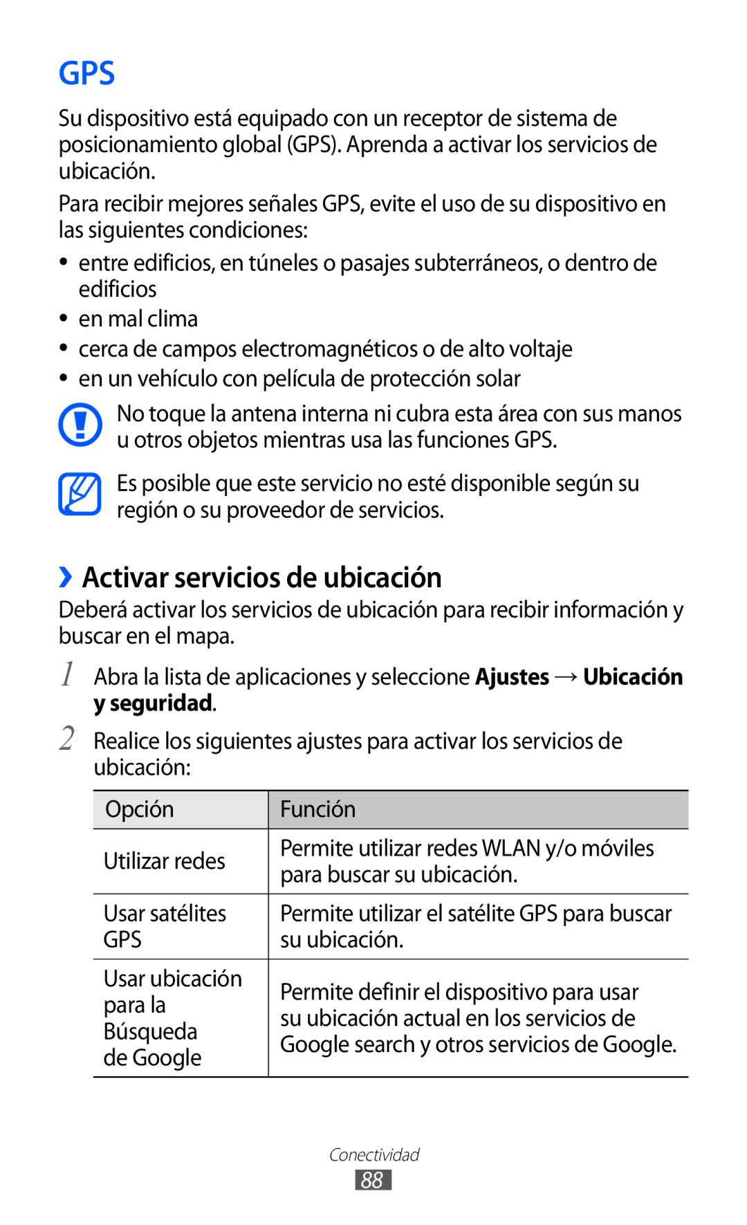 Samsung GT-P7300UWAFOP, GT-P7300FKAFOP, GT-P7300FKAATL, GT-P7300OWAATL manual ››Activar servicios de ubicación 