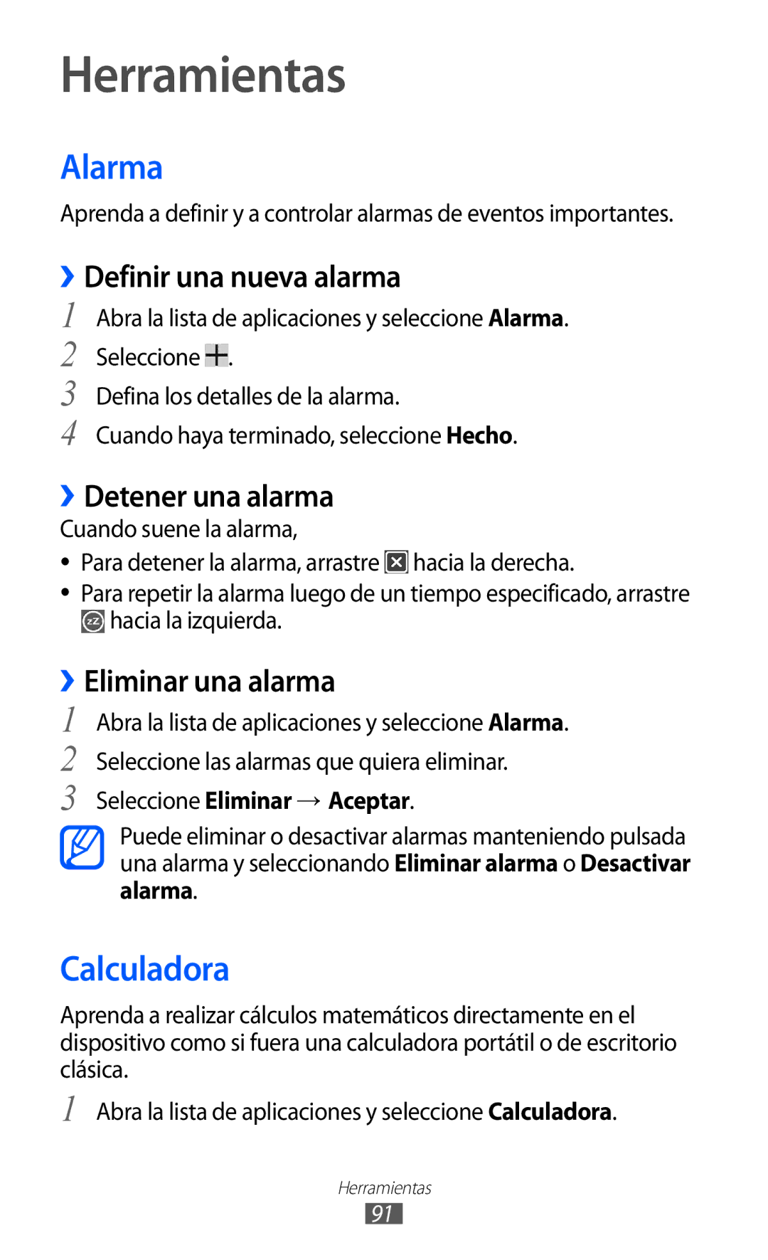 Samsung GT-P7300OWAATL, GT-P7300UWAFOP, GT-P7300FKAFOP, GT-P7300FKAATL manual Herramientas, Alarma, Calculadora 