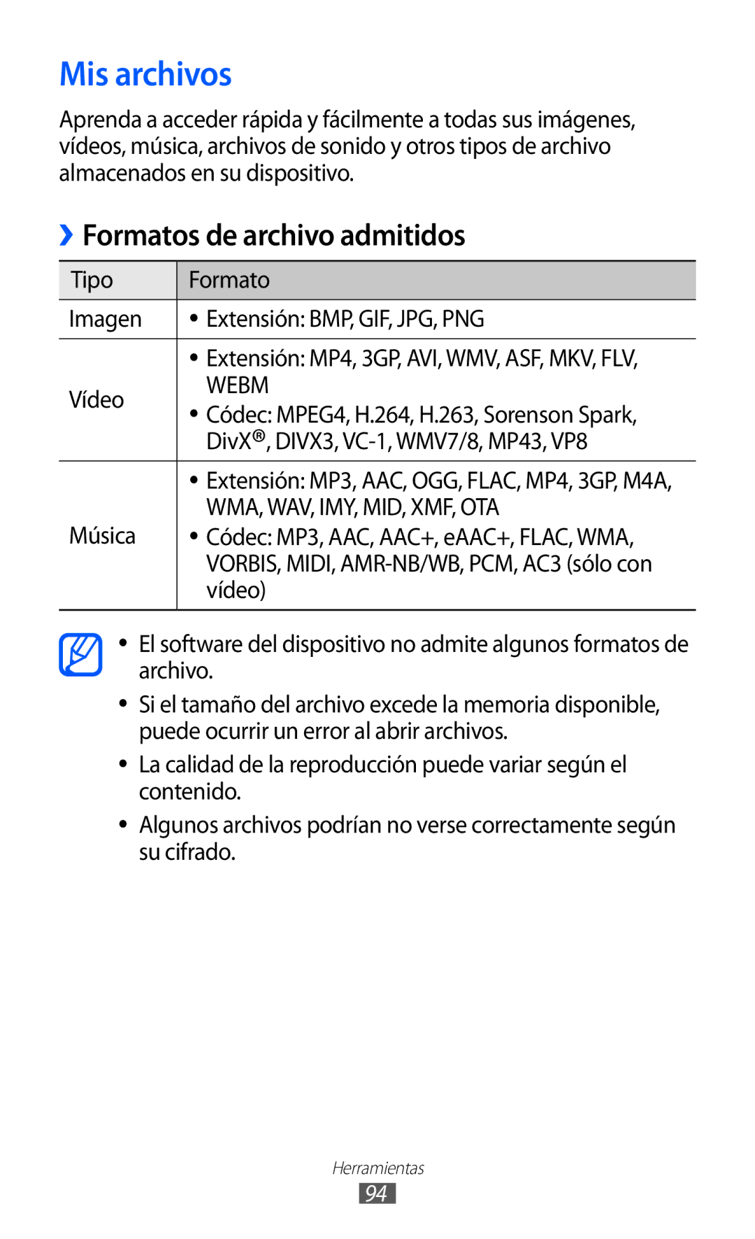 Samsung GT-P7300FKAATL, GT-P7300UWAFOP, GT-P7300FKAFOP, GT-P7300OWAATL manual Mis archivos, Música 