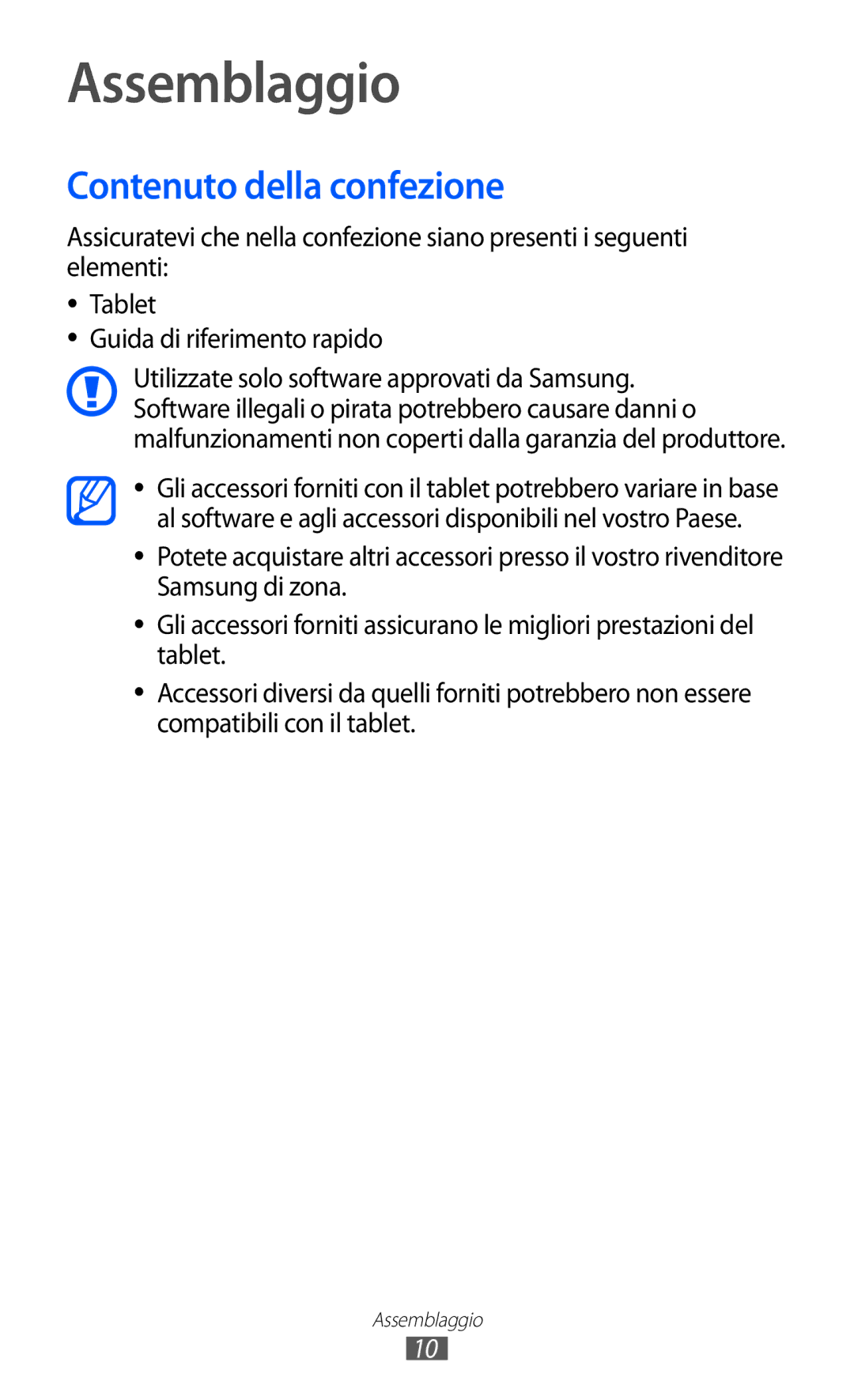 Samsung GT-P7300FKATIM, GT-P7300UWATUR, GT-P7300UWAITV, GT-P7300UWATIM manual Assemblaggio, Contenuto della confezione 