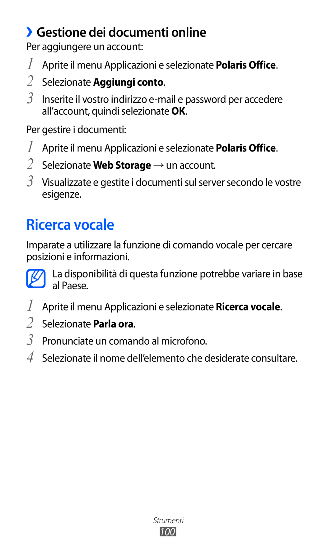 Samsung GT-P7300FKANEE, GT-P7300UWATUR Ricerca vocale, ››Gestione dei documenti online, Selezionate Aggiungi conto, 100 