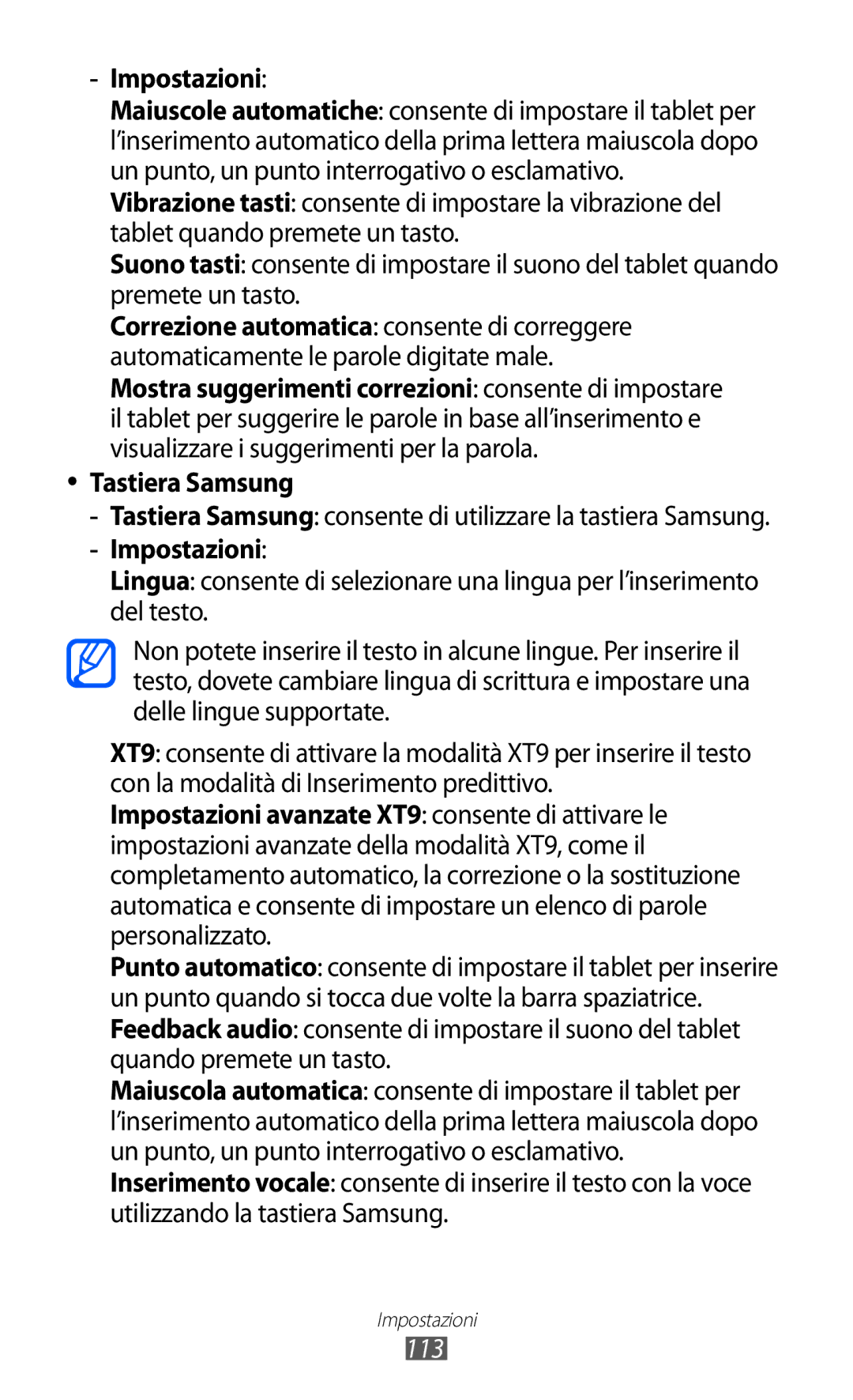 Samsung GT-P7300UWAITV, GT-P7300UWATUR, GT-P7300FKATIM, GT-P7300UWATIM, GT-P7300FKANEE Impostazioni, Tastiera Samsung, 113 