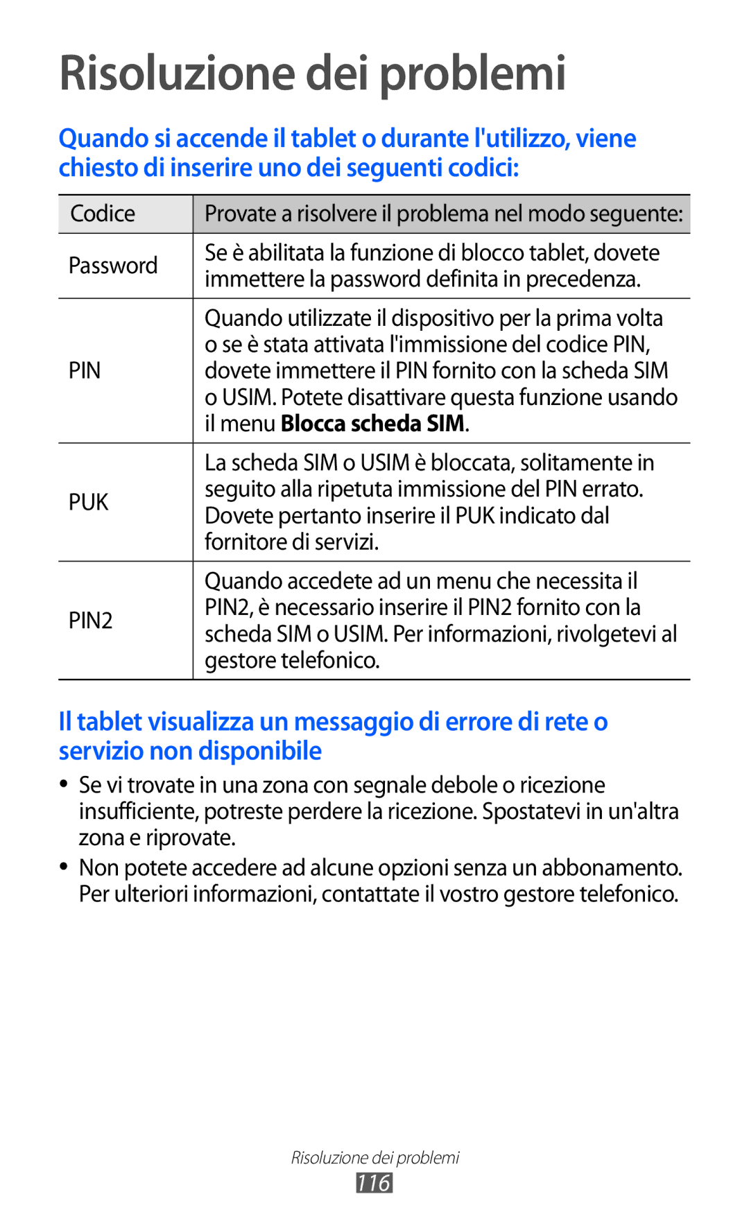 Samsung GT-P7300FKANEE, GT-P7300UWATUR, GT-P7300UWAITV manual Risoluzione dei problemi, Il menu Blocca scheda SIM, 116 