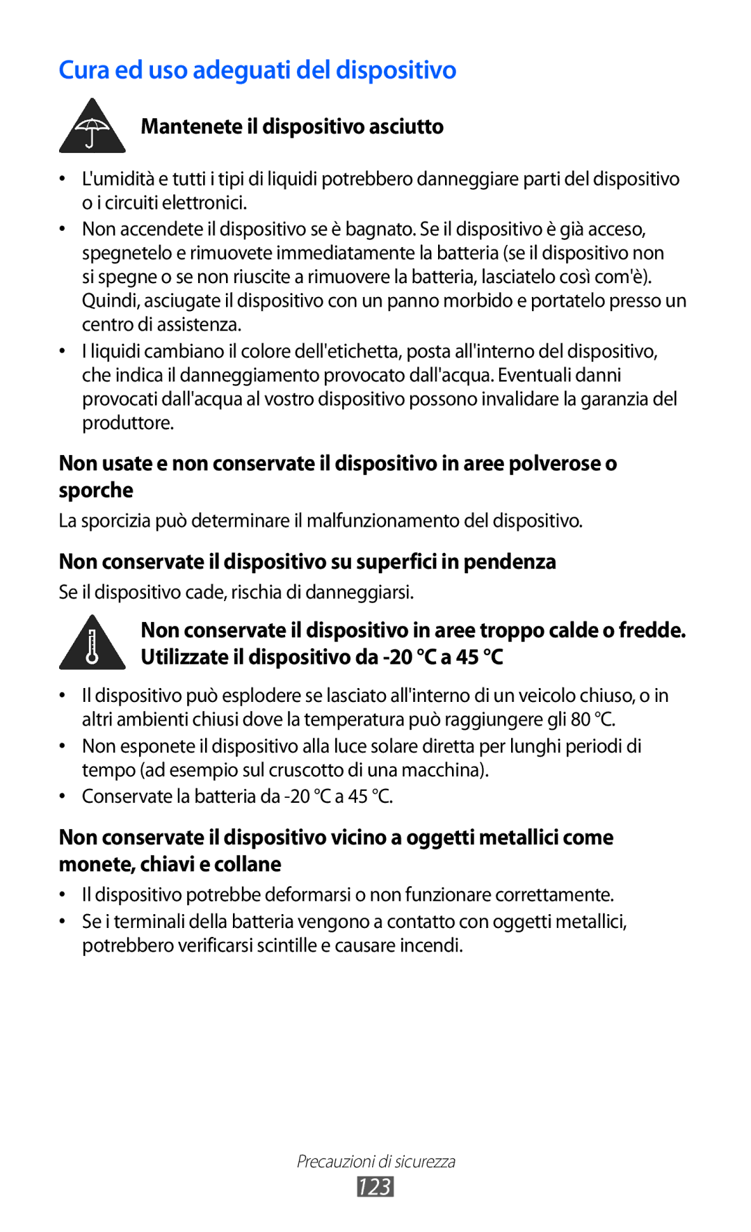 Samsung GT-P7300UWATIM, GT-P7300UWATUR, GT-P7300UWAITV, GT-P7300FKATIM manual Cura ed uso adeguati del dispositivo, 123 