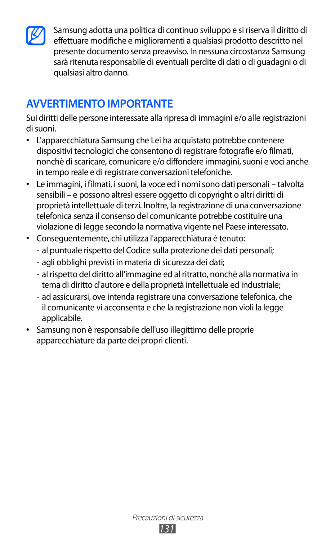 Samsung GT-P7300UWATIM, GT-P7300UWATUR, GT-P7300UWAITV, GT-P7300FKATIM, GT-P7300FKANEE manual Avvertimento Importante, 131 