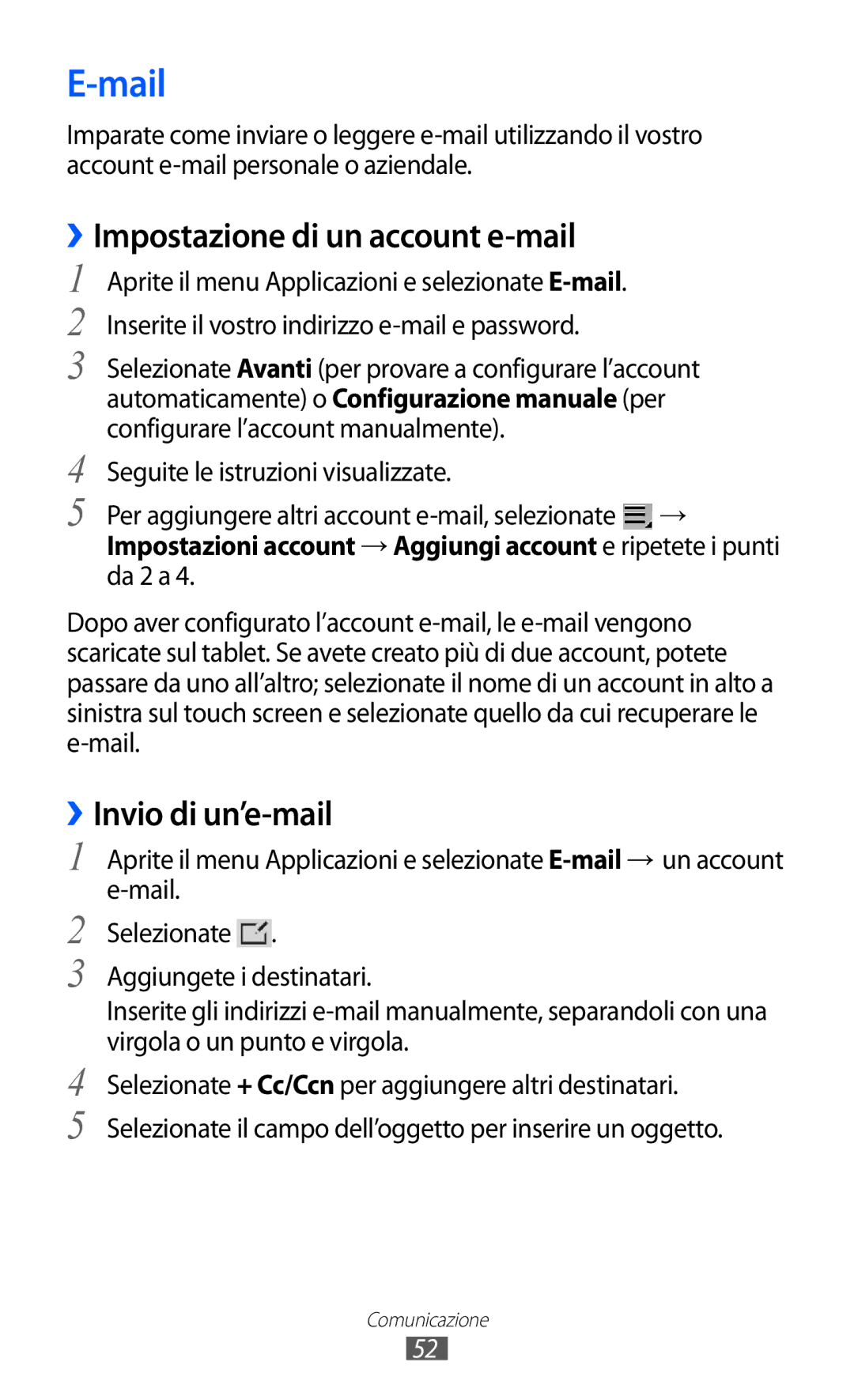 Samsung GT-P7300FKANEE, GT-P7300UWATUR, GT-P7300UWAITV manual Mail, Impostazione di un account e-mail, ››Invio di un’e-mail 