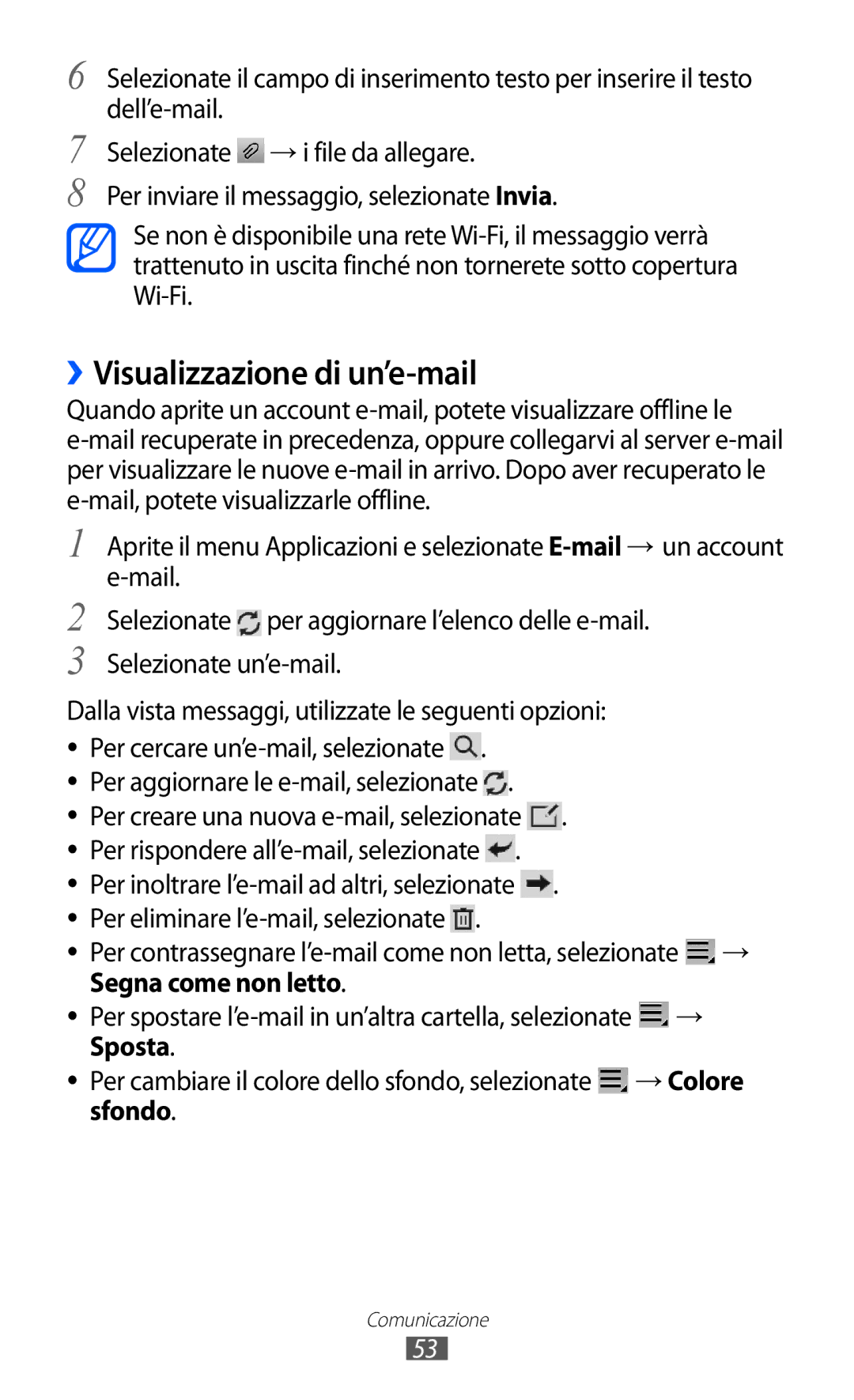 Samsung GT-P7300UWAHUI, GT-P7300UWATUR, GT-P7300UWAITV manual ››Visualizzazione di un’e-mail, Segna come non letto, Sfondo 