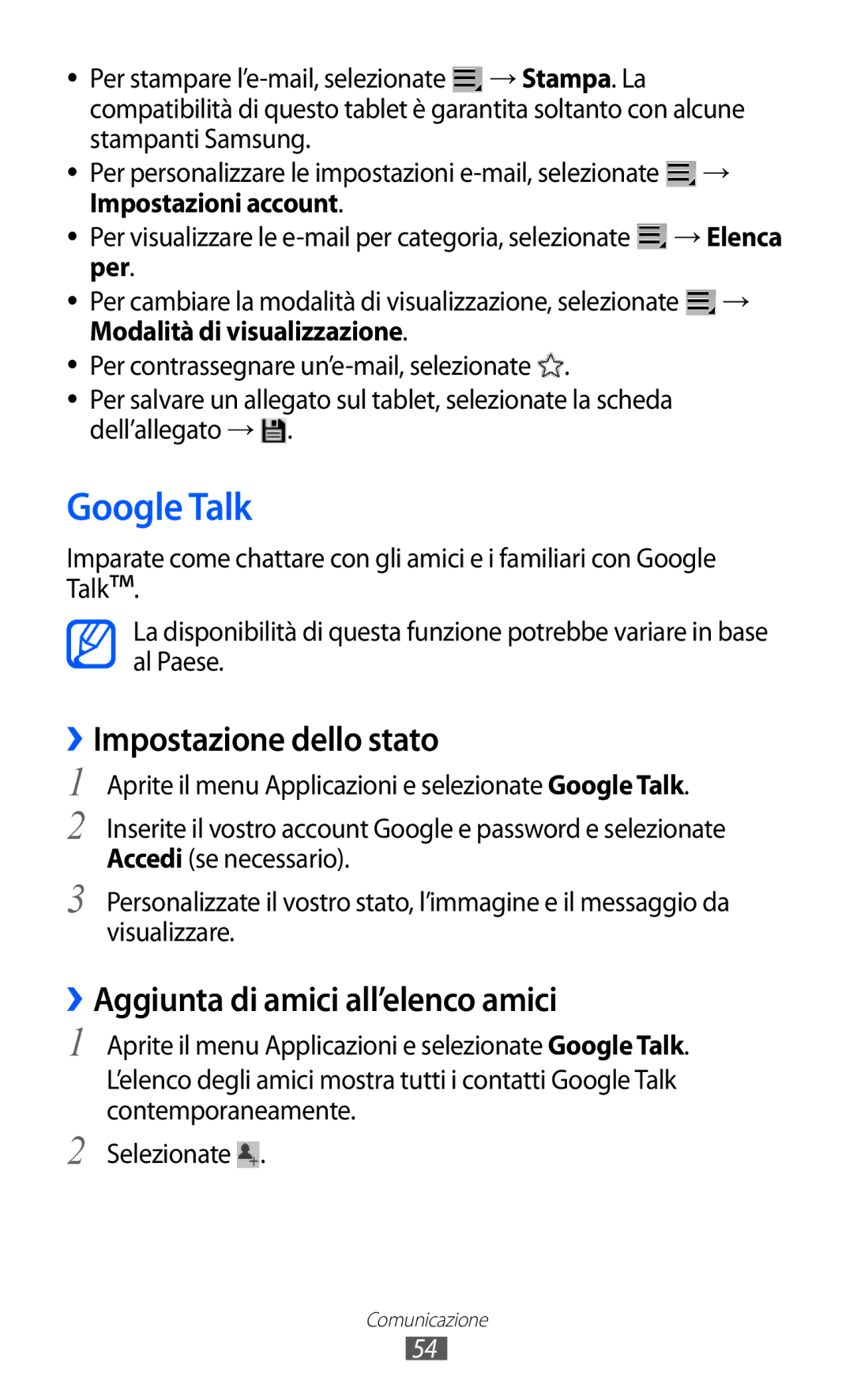 Samsung GT-P7300FKAHUI Google Talk, ››Impostazione dello stato, ››Aggiunta di amici all’elenco amici, Impostazioni account 