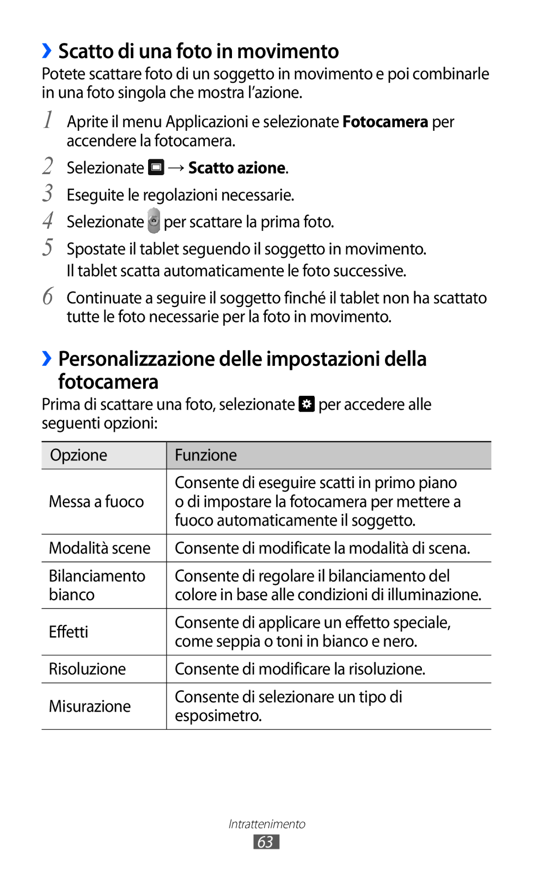 Samsung GT-P7300FKAITV manual ››Scatto di una foto in movimento, ››Personalizzazione delle impostazioni della fotocamera 