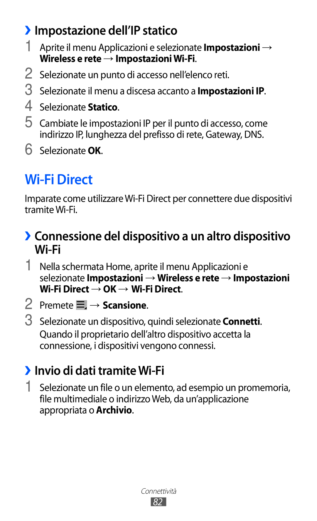 Samsung GT-P7300FKATIM manual Wi-Fi Direct, ››Impostazione dell’IP statico, ››Invio di dati tramite Wi-Fi, → Scansione 
