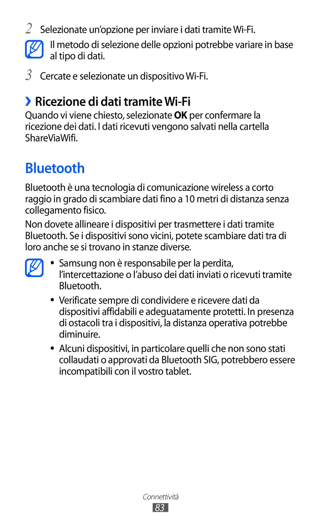 Samsung GT-P7300UWATIM, GT-P7300UWATUR, GT-P7300UWAITV, GT-P7300FKATIM manual Bluetooth, ››Ricezione di dati tramite Wi-Fi 