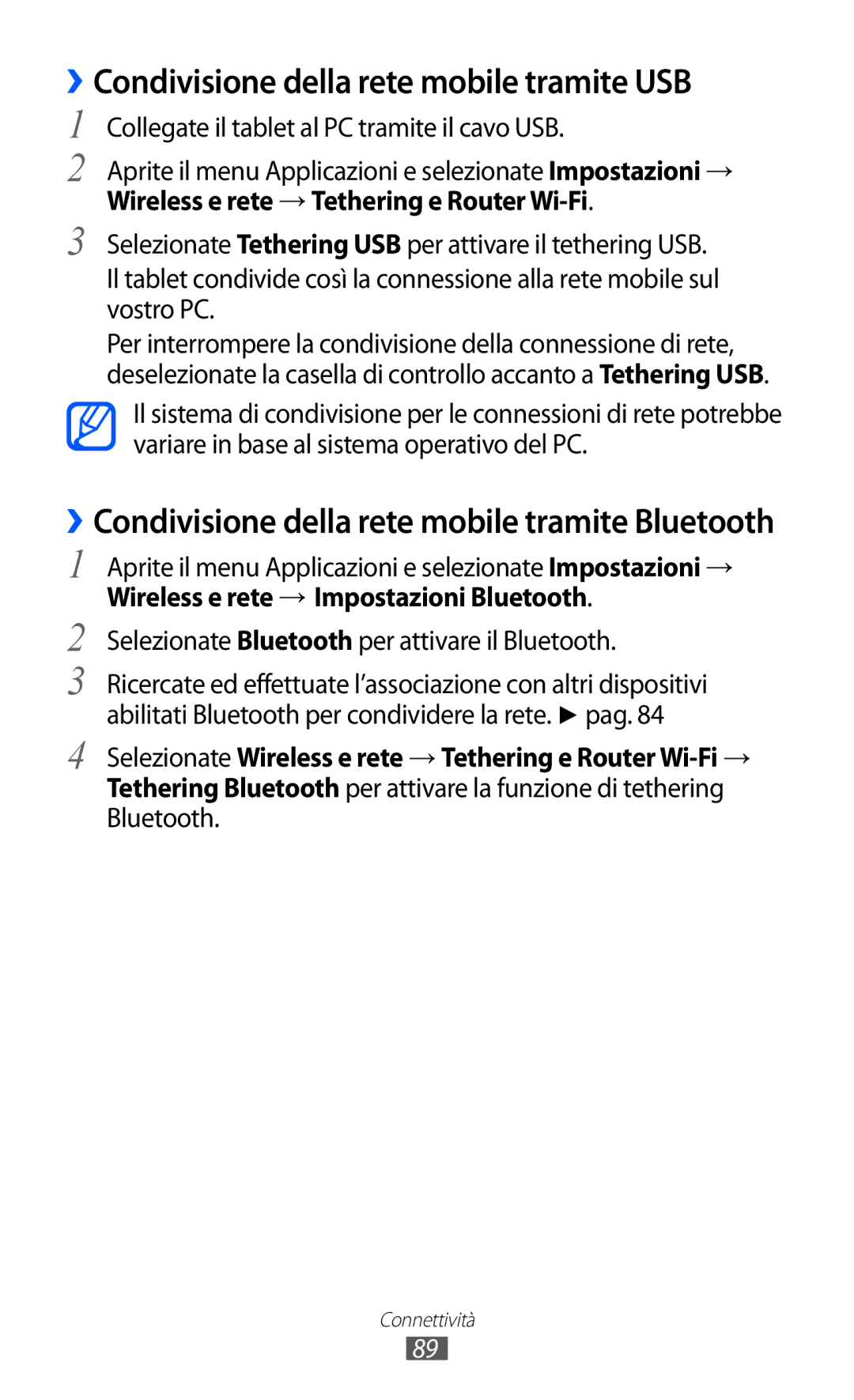 Samsung GT-P7300UWAITV manual ››Condivisione della rete mobile tramite USB, Collegate il tablet al PC tramite il cavo USB 