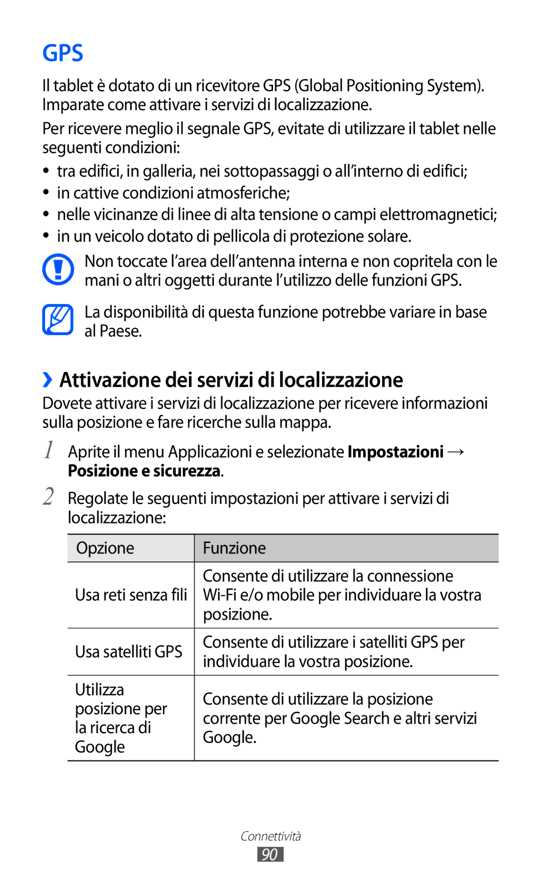 Samsung GT-P7300FKATIM, GT-P7300UWATUR, GT-P7300UWAITV, GT-P7300UWATIM manual ››Attivazione dei servizi di localizzazione 