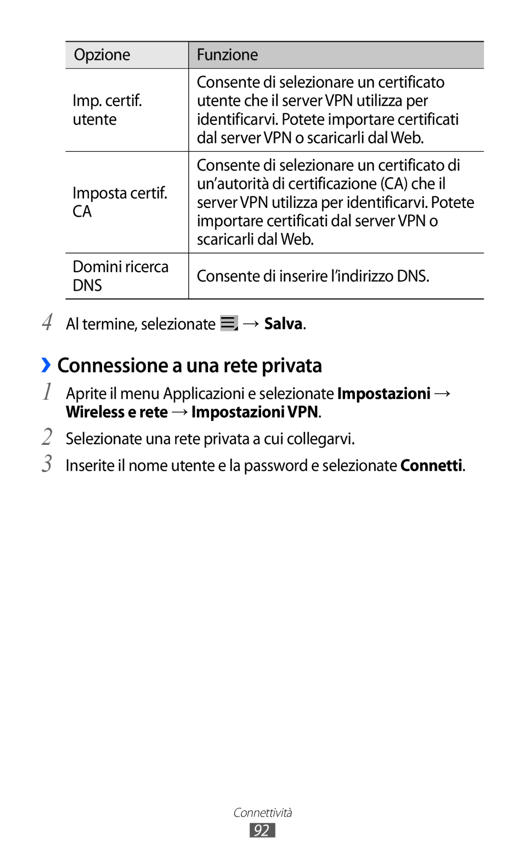 Samsung GT-P7300FKANEE, GT-P7300UWATUR, GT-P7300UWAITV ››Connessione a una rete privata, Wireless e rete → Impostazioni VPN 