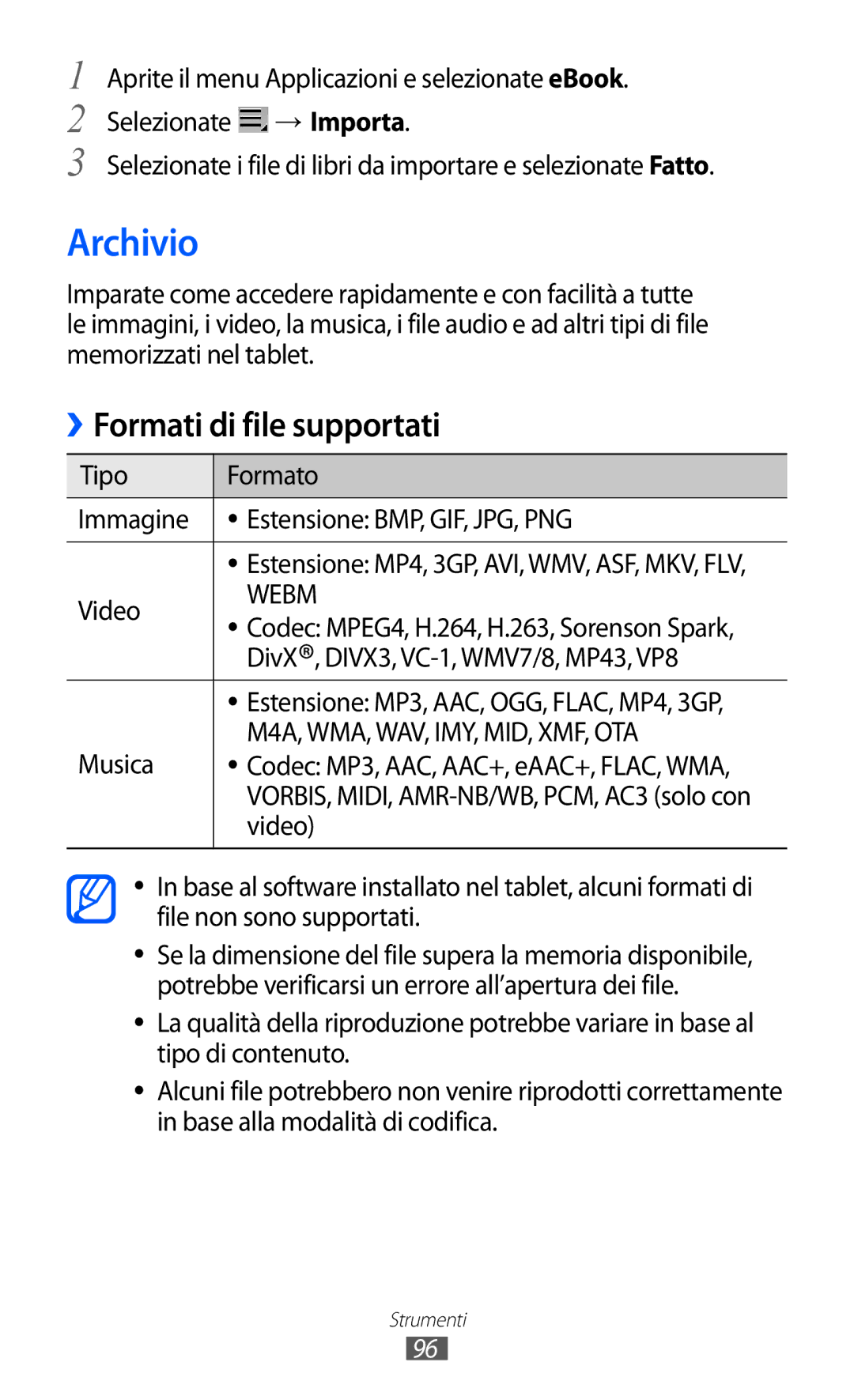 Samsung GT-P7300UWATUR, GT-P7300UWAITV, GT-P7300FKATIM, GT-P7300UWATIM, GT-P7300FKANEE, GT-P7300UWAHUI manual Archivio, Musica 